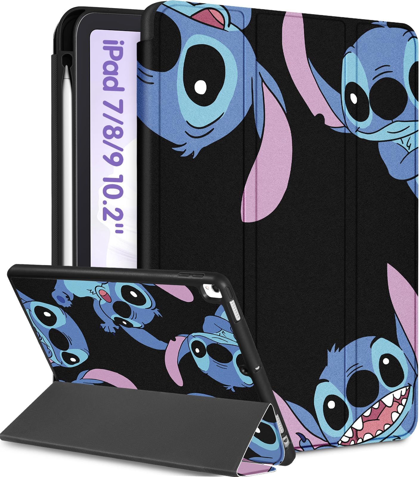 Trendy Fan for iPad 9th/8th/7th 10.2 inch Generation Case Cute Cartoon Kawaii for Girls Kids Teens Boys Girly Women Design Cool Covers Folio Stand with Pencil Holder for Apple i Pad 9/8/7 Gen,Black
