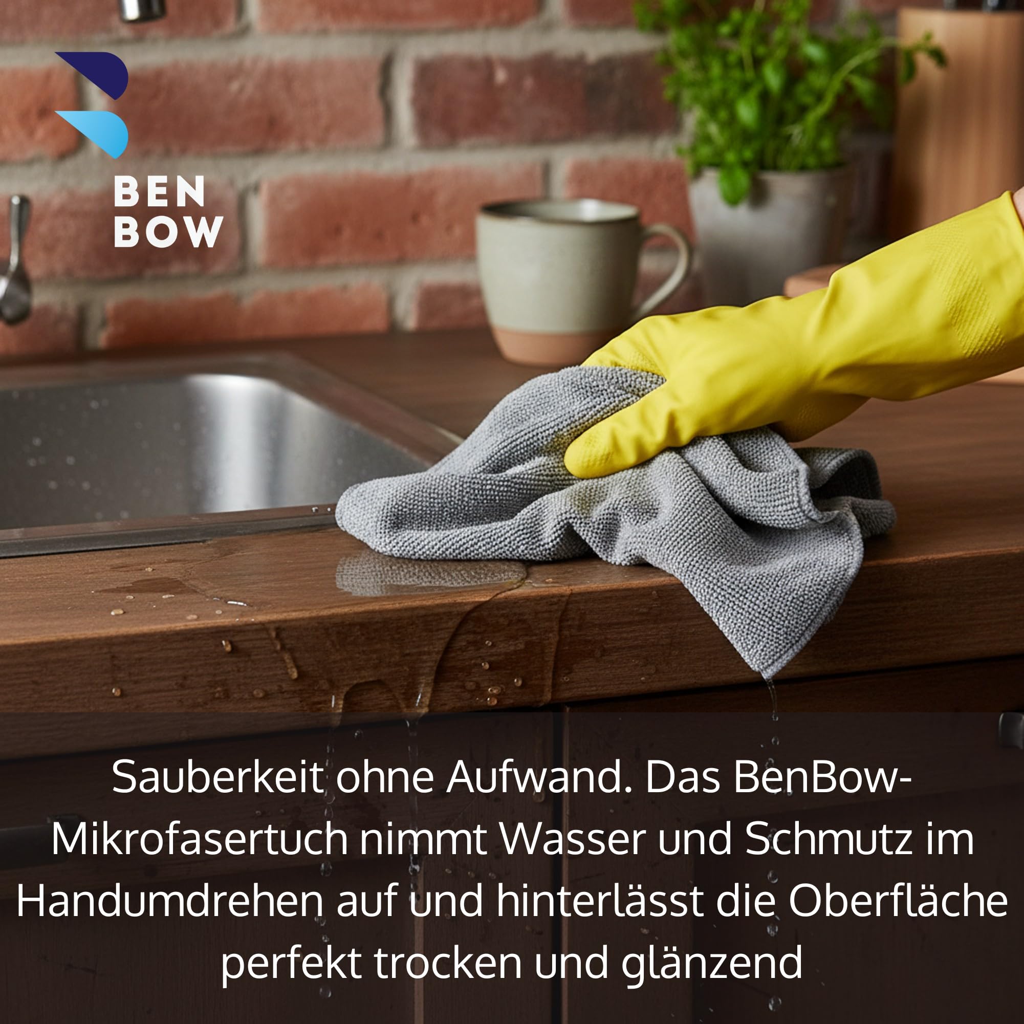 BenBow Mikrofasertuch 40x40 cm – Premium Reinigungstuch für Haushalt, Küche, Bad & Glas | Saugstark, Fusselfrei, Randlos | Perfekt für Staub, Möbel & Fensterpflege - 50stk