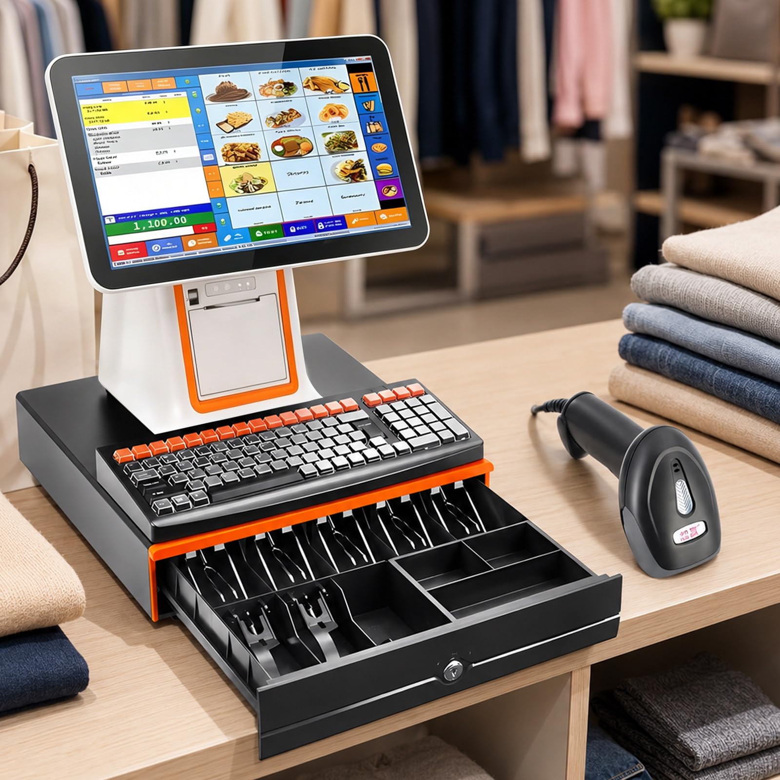 Touch Screen Cash Register for Retail Small Business, 15.6" Pos System with 58mm Printer, Barcode Scanner, Cash Drawer and 8-Digit Customer Display for Small Business Retail Checkout White