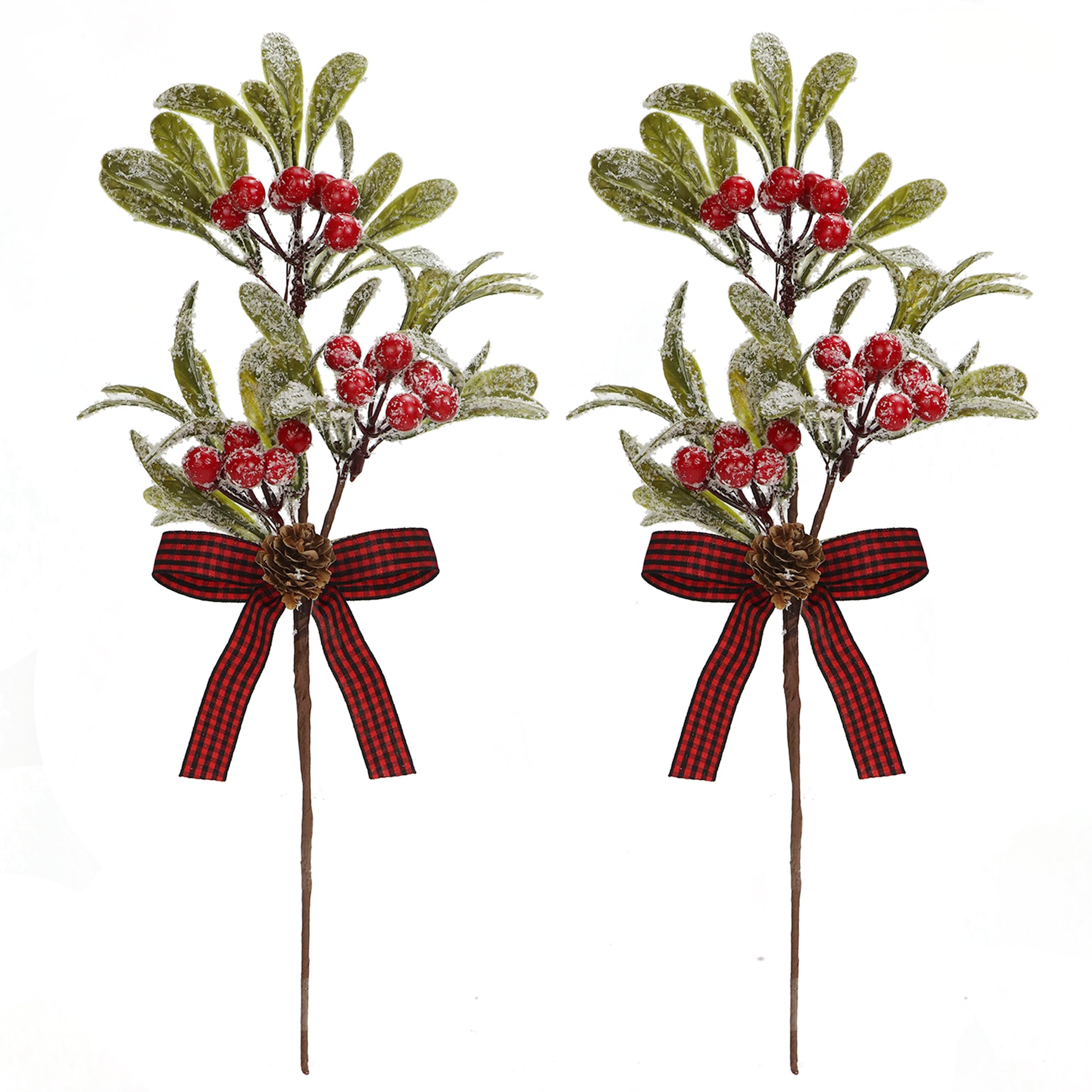 2 Pcs Christmas Frosted Mistletoe Picks, Artificial Snowy Sprigs with Plaid Bow Stems for Xmas Tree Vase Filler Crafts Holiday Home Decor (Red)