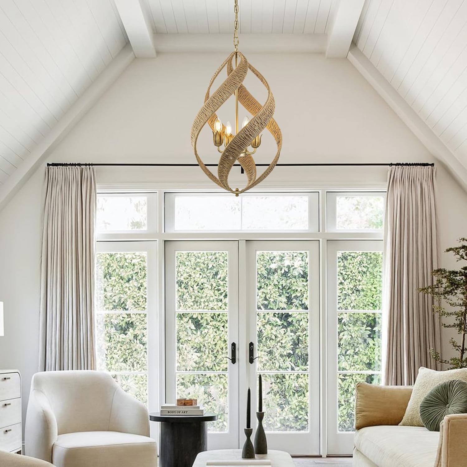 Coastal-Boho Rattan Chandelier – Teardrop Antique Gold Ceiling Light with Flower Candlestick Accent – Nautical Pendant Light 17” Wide x 27” Tall – 60” Adjustable Chain