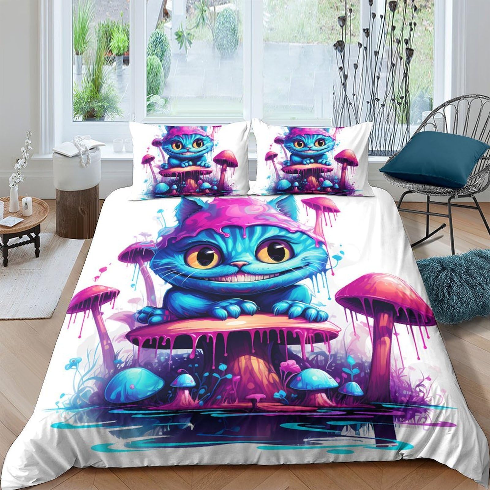 Ctjqhvkz Style-1 3D Printed Fantasy Blue Cat Fitted Sheet Microfiber Soft Mushroom Bed Cover For Bedroom Guest Room Decor Single（135X200cm）