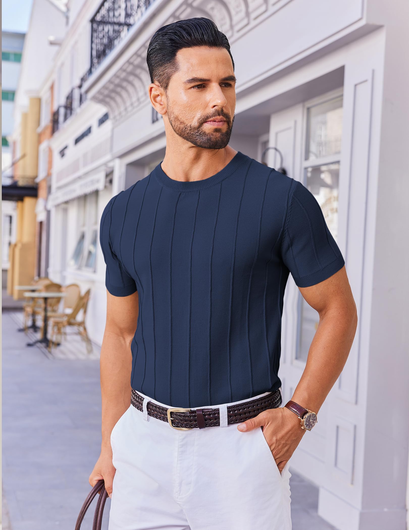 COOFANDY Maglietta Uomo Manica Corta T-Shirt Estive Leggero Magliette Lavorata a Maglia a Righe Magliette da Lavoro T Shirt Casual a Tinta Unita