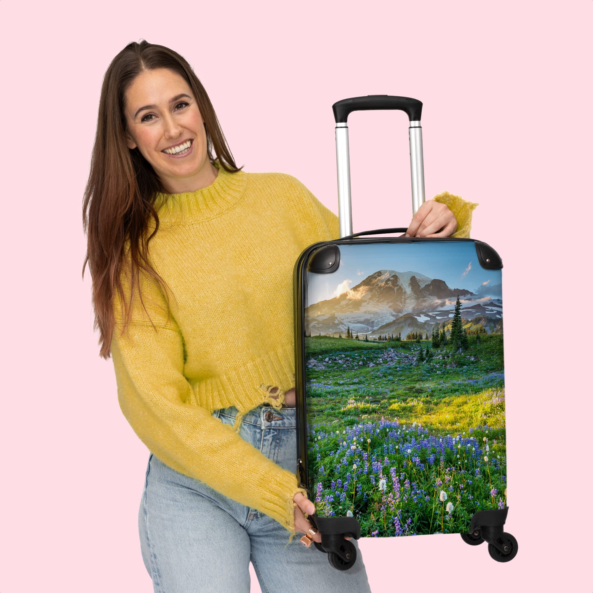 NoBoringSuitcases© Valigia a mano | Trolley per cabina, leggero, 4 ruote, motivo paesaggio di montagna, lucchetto a combinazione, resistente ai raggi UV,
