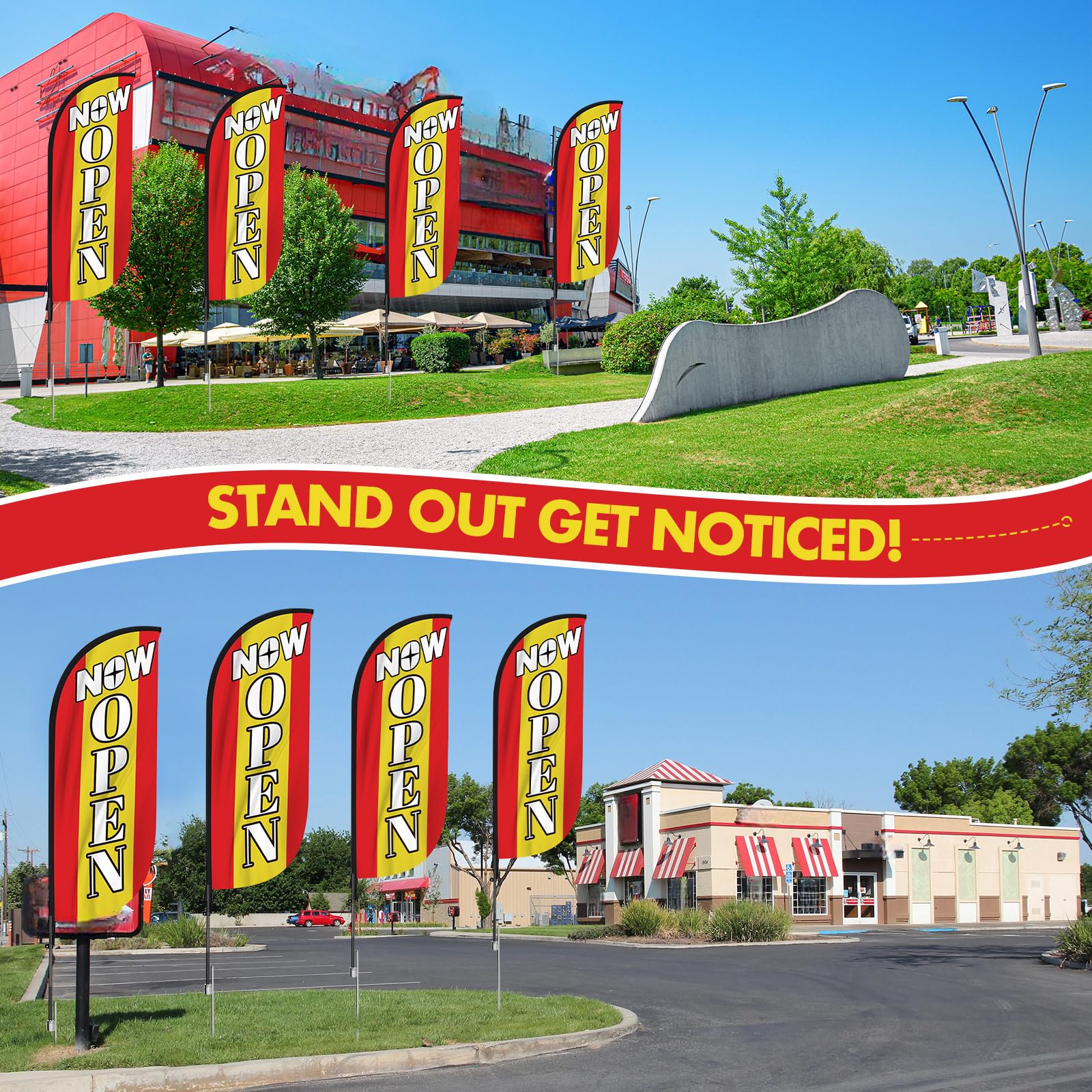 Newwiee 4 Sets offener Feder-Fahnenmast-Set, 2,5 m hoch, jetzt offene Flagge, Werbeflagge, Banner mit Fiberglas-Stangen-Set für Geschäft, große Eröffnung, Thema im Freien (rot)