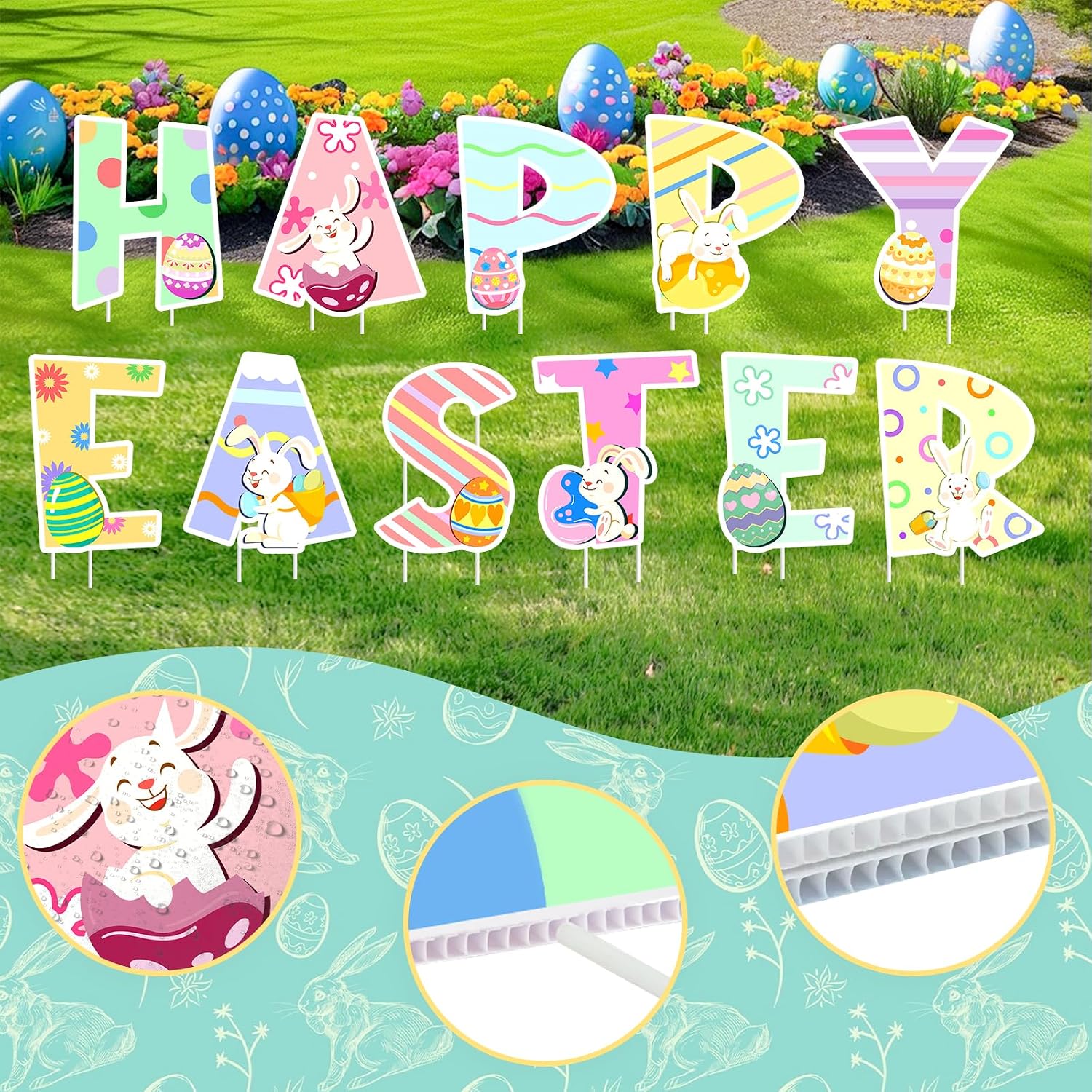 Cute Easter Decorations Outdoor Yard Signs,Large Yard Stakes Signs Eggs,Easter Lawn Decoration for Family Friendly Kids Home Party Plastic Easter Yard Stakes