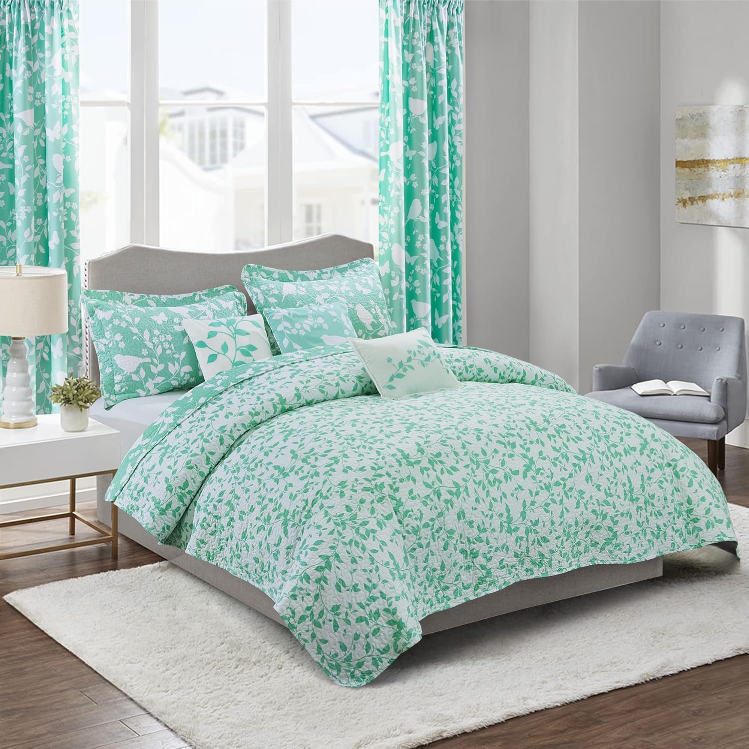 HESTIN 8 Piece Microfiber Reversible Bedspread Plant Design Matching Light Filtering Curtains for All Season, Seafoam, King (102" x 90")