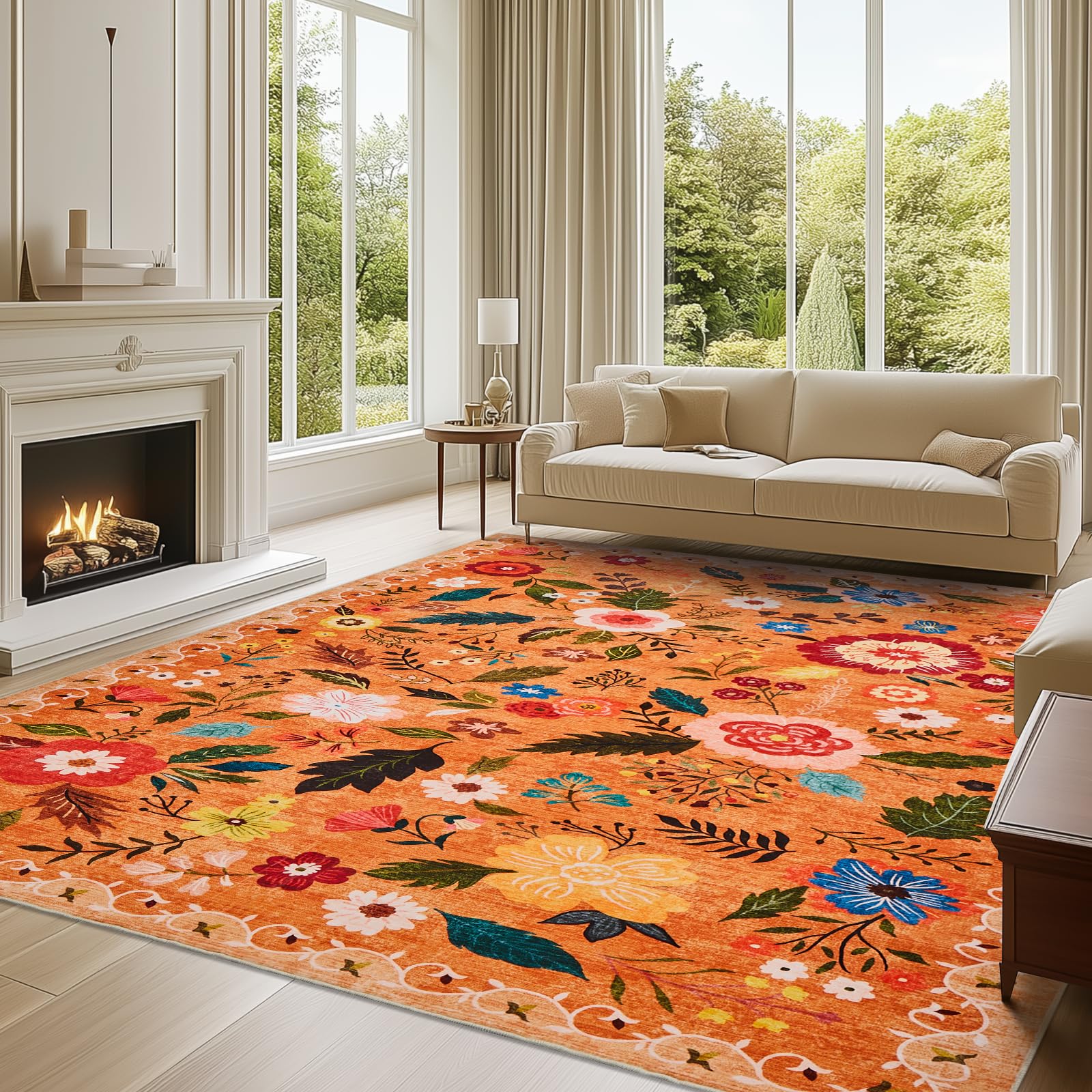 Puremy Waschbarer Teppich Wohnzimmer, Retro Floral Design, kuscheliger Kurzflor, Groß Teppiche Schlafzimmer rutschfest Weiche für Badezimmer Esszimmer Kinderzimer, 240x340cm, Beige Rosa