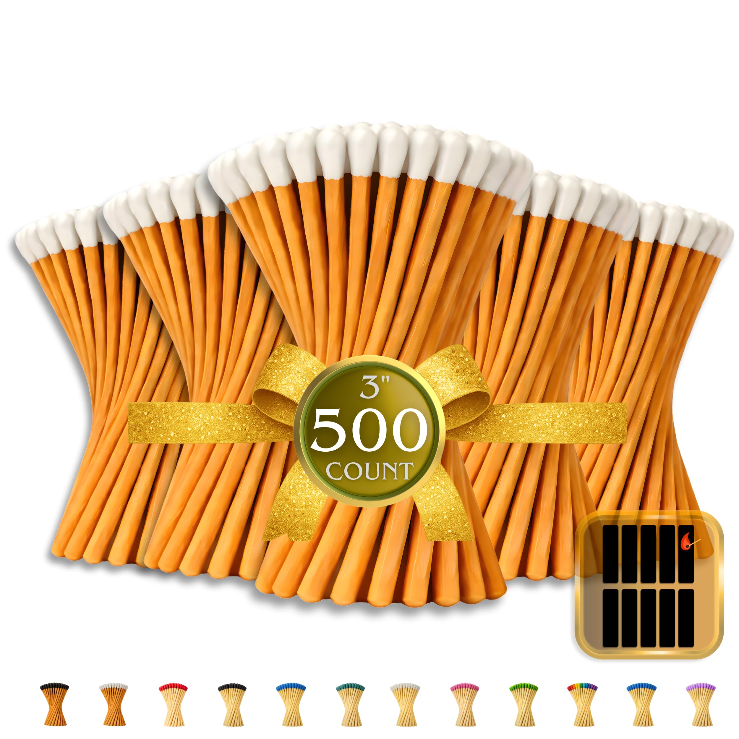 500 Count | 3" Brown &amp; White Matches | Strikers Included | Color Tip Wooden Match | Refill for Matchstick Jars, Candle Display, Holders &amp; Bottles | 3 in inches Long