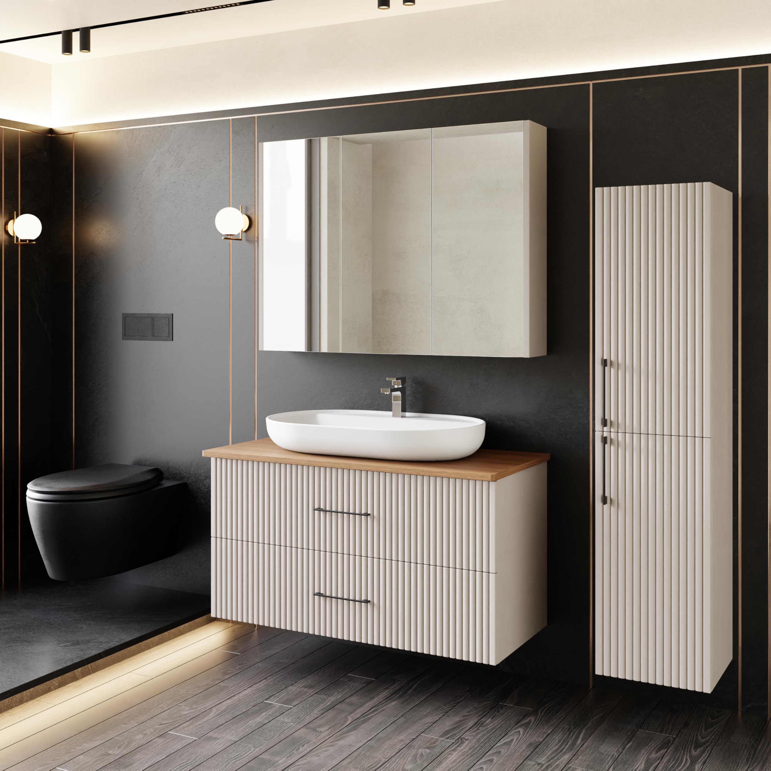 Badezimmermöbel Set Liana 80 Konsole Walnuss | Keramikwaschbecken | Unterschrank | Spiegelschrank | Konsole | Waschbecken mit Unterschrank 80 cm | Softclose | Aufsatzwaschbecken | Konsolenwaschtisch