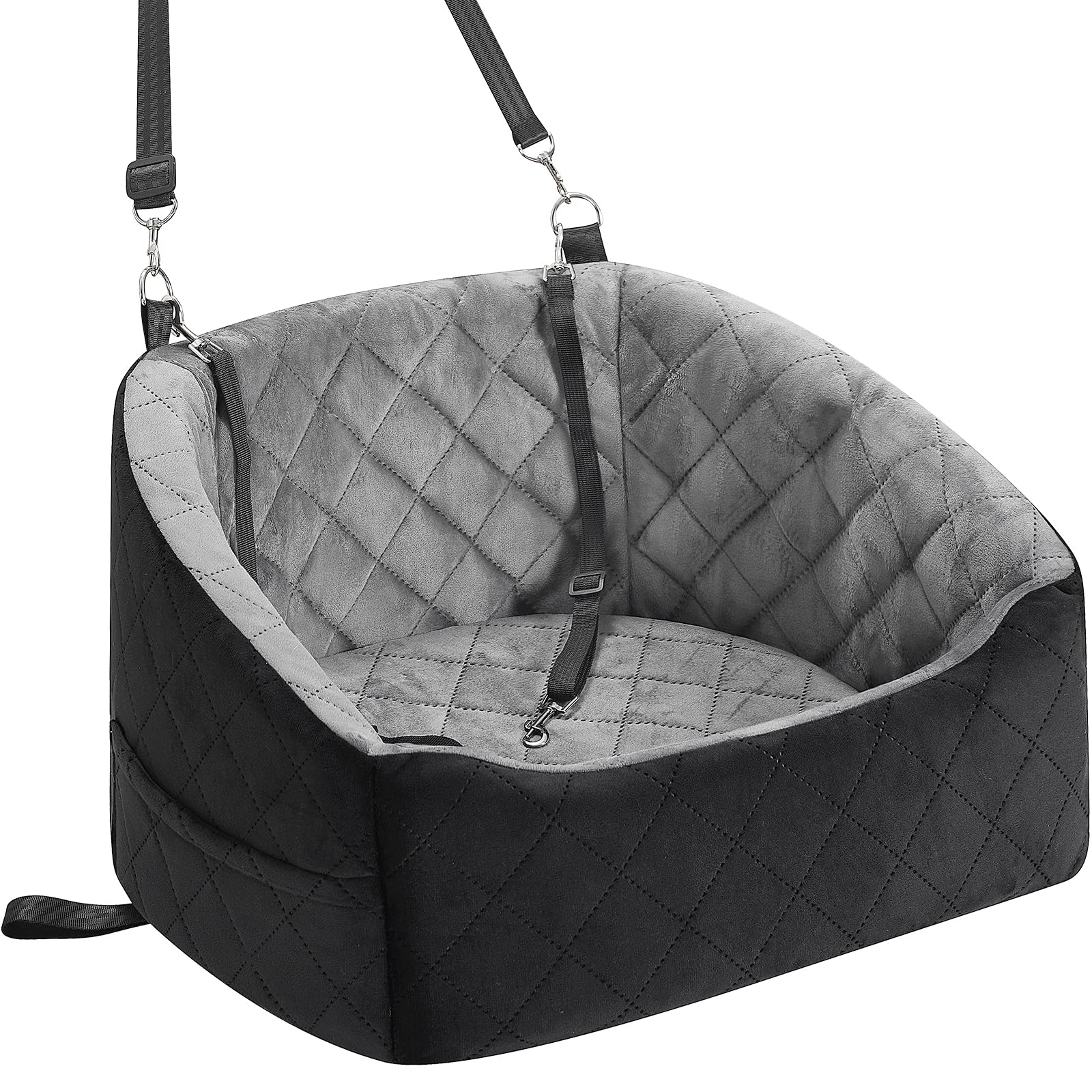 Dog Car Seat for Small Dogs Up to 30 Lbs, Pet Travel Safety Bed for Puppy Cat, Fits in Front/Back Seat, Anti Slip Base, Fully Detachable Washable with 2 Safety Tether(Grey-Black)