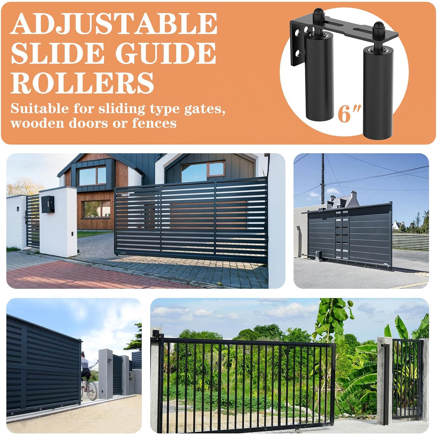 Sliding Gate Roller Guide, Slide Guide Wheels, Heavy Duty Steel L-Bracket, Adjustable 6" Nylon Support for Rolling Gates, Doors, Wood & Garage (Black-1pc, 6in)
