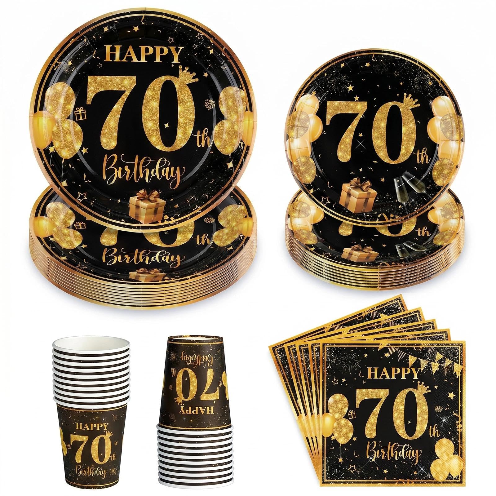 68Pcs 70th Birthday Party Plates Cups and Napkins, 7" and 9" Black Gold Paper Plates, 70th Birthday Decorations, Disposable Party Tableware Set Serves 16 Guests for Men Him Women Her — image 1