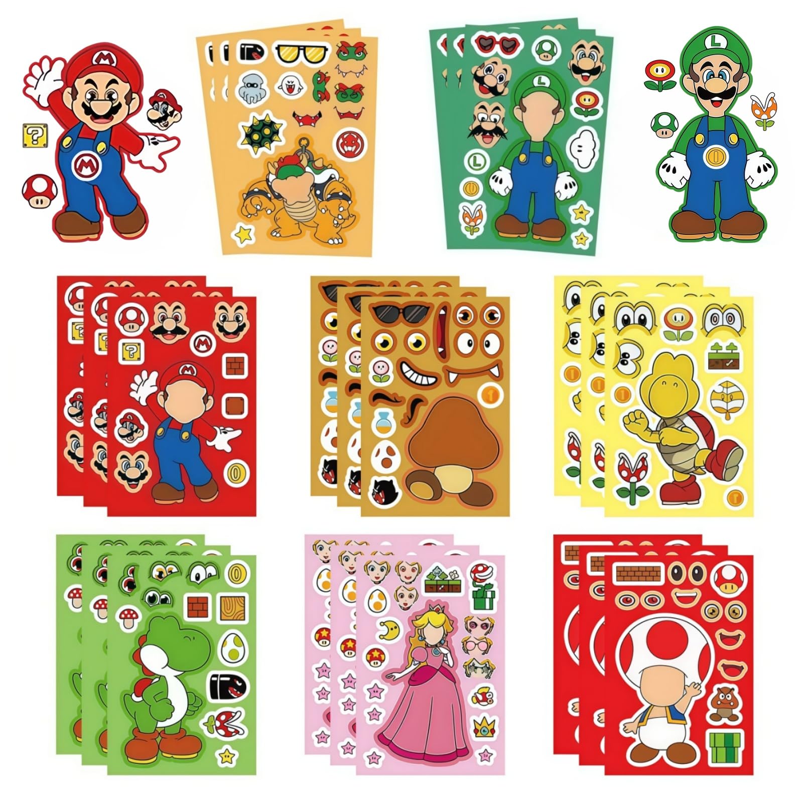 2026 Mario Make a Face Stickers, Cartoon Book Crafts, DIY Party Supplies Favors Your Own Mixed and Matched with Different Designs Characters Birthday Gifts Class Reward Decor (32 Sheets)