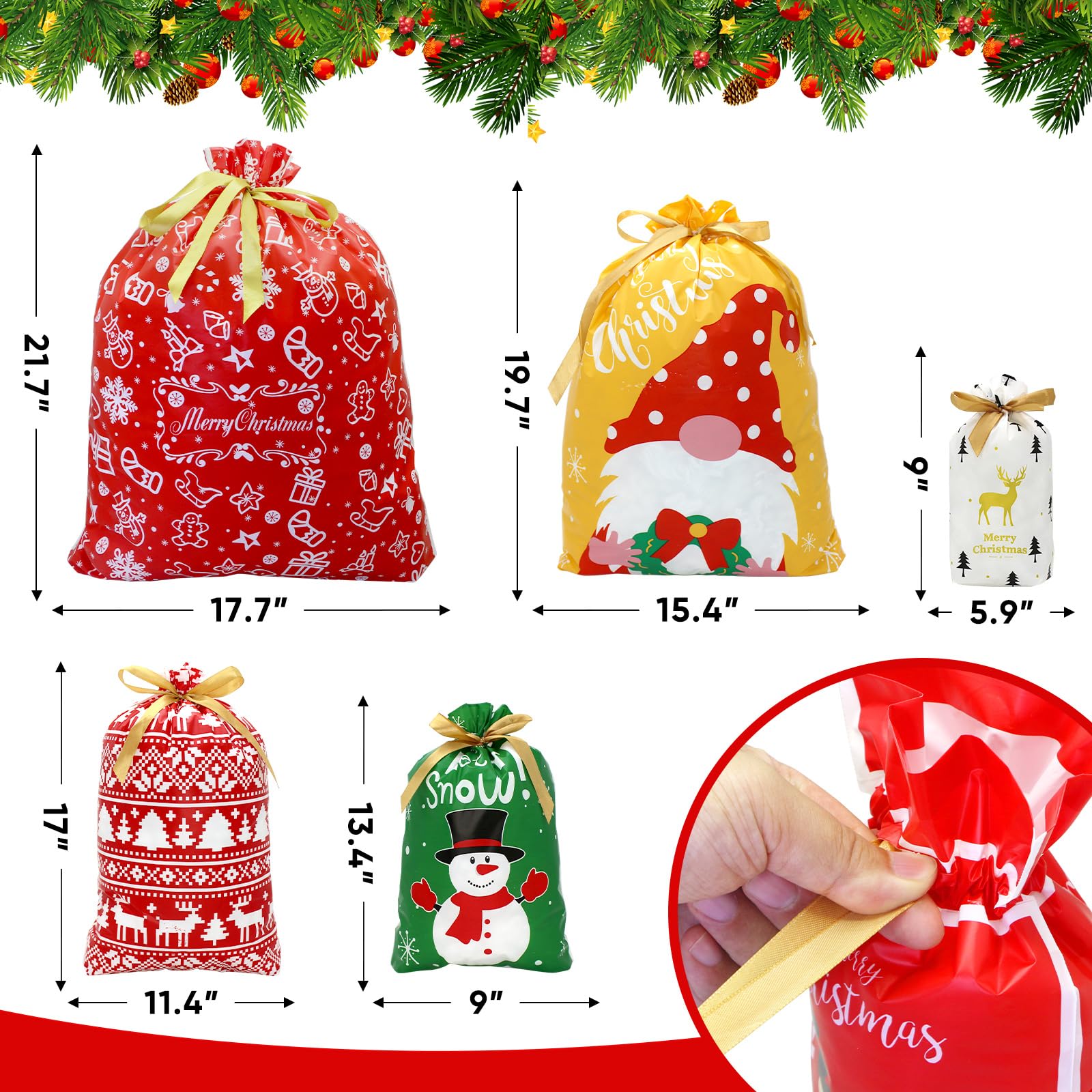 CH HAICHENG Lot de 36 sacs cadeaux de Noël réutilisables en plastique avec cordon de serrage - Tailles L, M, S
