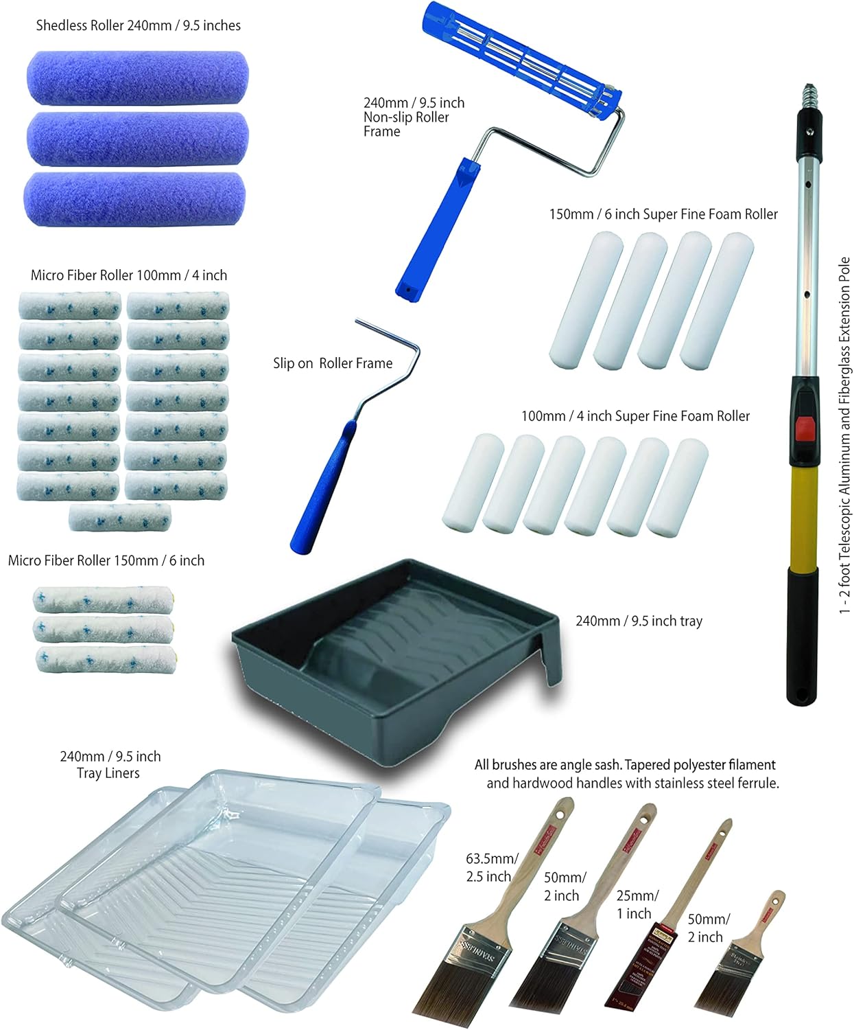 Painters Dream 42-Piece Painters Interior House Painting Tool Kit – Pro Contractor Set Incl 1’-2’ Telescoping Ext Pole, Angle Sash Brushes, No Slip Roller Frame, Roller Covers, Paint Tray and Liners