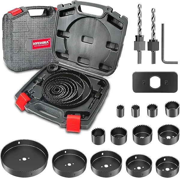 Hole Saw Set HYCHIKA 19 Pcs Hole Saw Kit with 3/4"-6"(19-152mm) 13Pcs Saw Blades, 2 Mandrels, 2 Drill Bits, 1 Installation Plate, 1 Hex Key, Ideal for Soft Wood, Plywood, Drywall, PVC Sturdy
