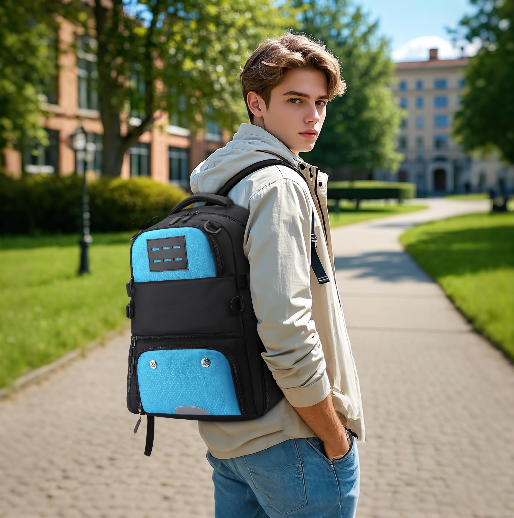 VARLIVOO Basketball Rucksack für Herren Großer Basketball Ball Tasche mit Ballhalter und Schuhfach Wasserdicht Volleyball Fußball Sporttasche Basketballtasche für Reisen Fitnessstudio Blau