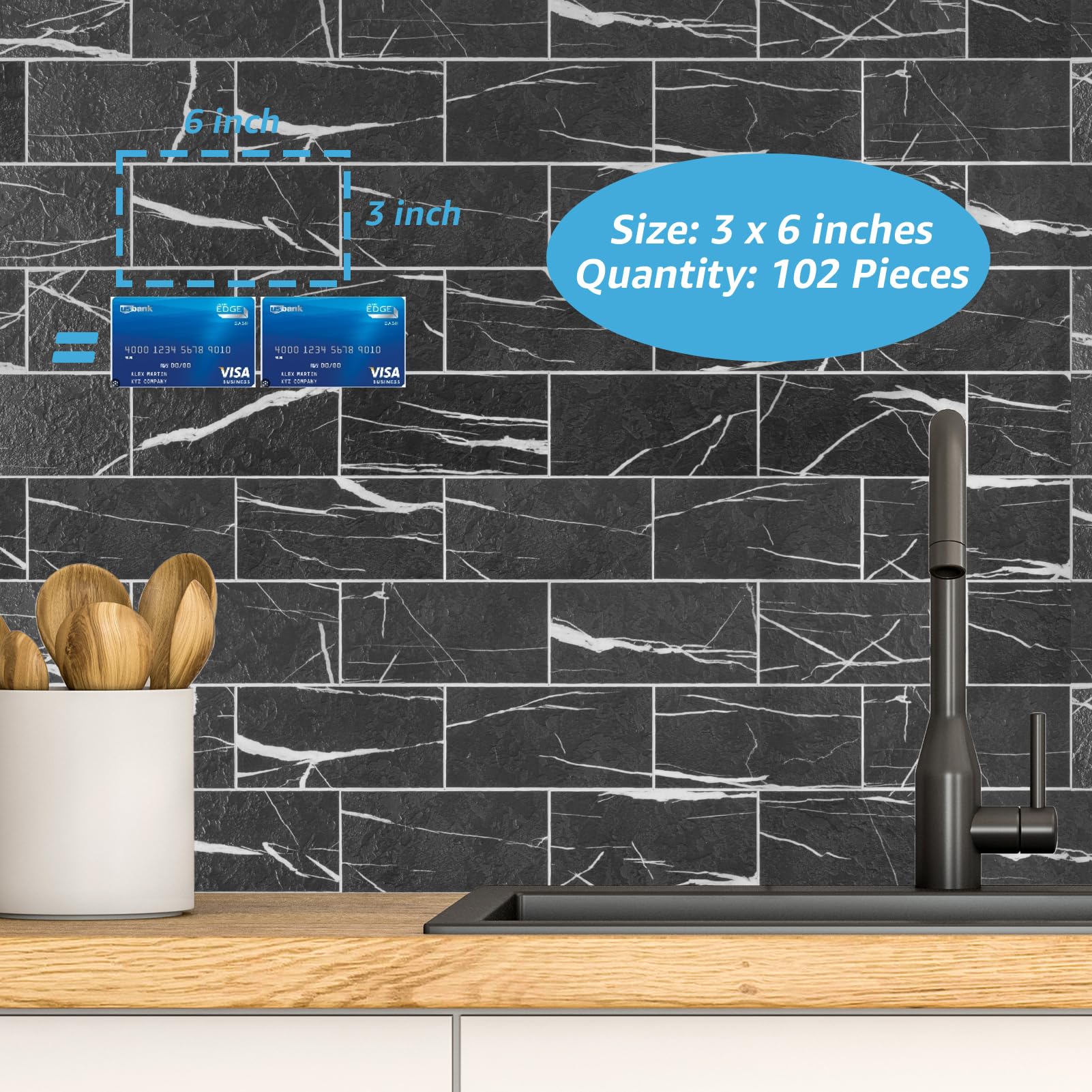 Art3d 102-częściowe płytki ścienne ze sztucznego kamienia, wodoodporne grube płytki ścienne z PCW, do kuchni, łazienki, pralni, kominka, 7,6 x 15 cm, czarny marmur