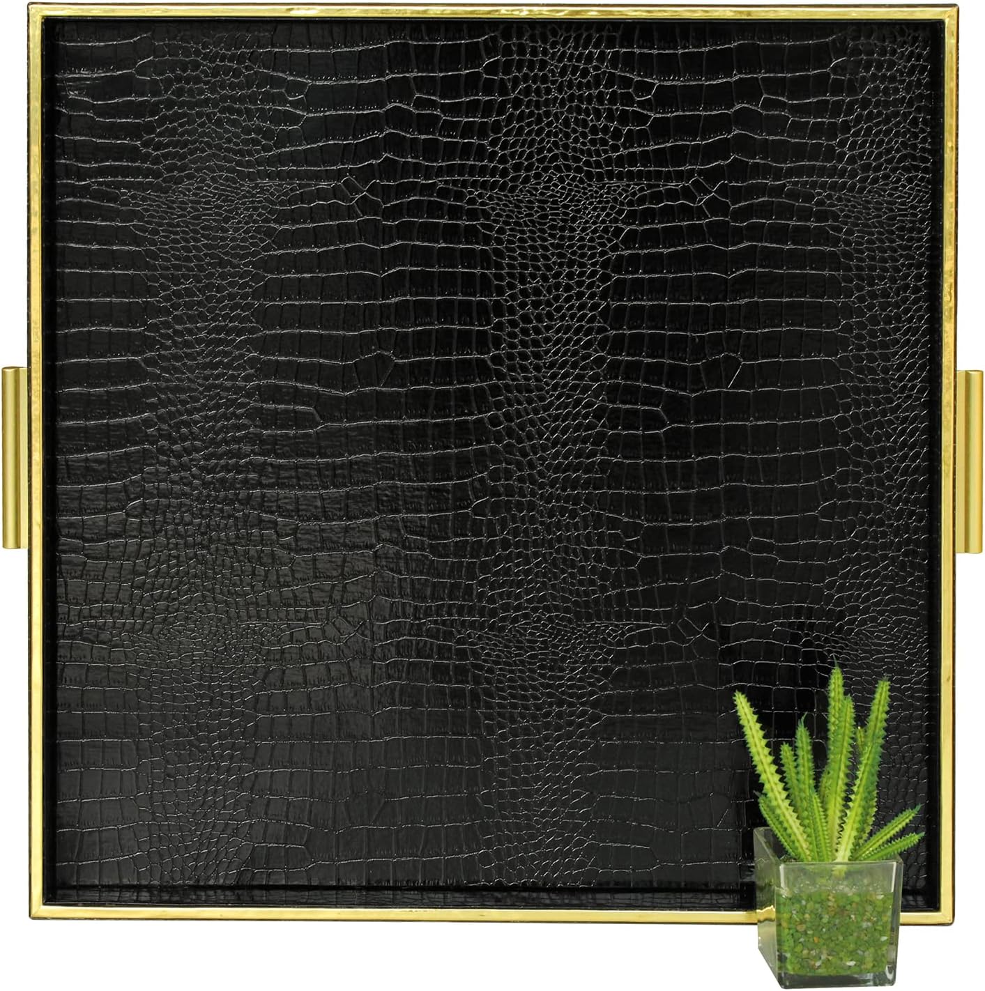 HofferRuffer Extra Large Square Serving Tray, Elegant Faux Leather Ottoman Tray with Gold Hardware Handles, Serve Tea, Coffee or Breakfast in Bed, 24 x 24 inches (Black Croco)