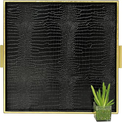 Miniatura 10 de HofferRuffer Bandeja cuadrada extra grande, elegante bandeja otomana de piel sintética con asas doradas, sirve té, café o desayuno en la cama, 24 x