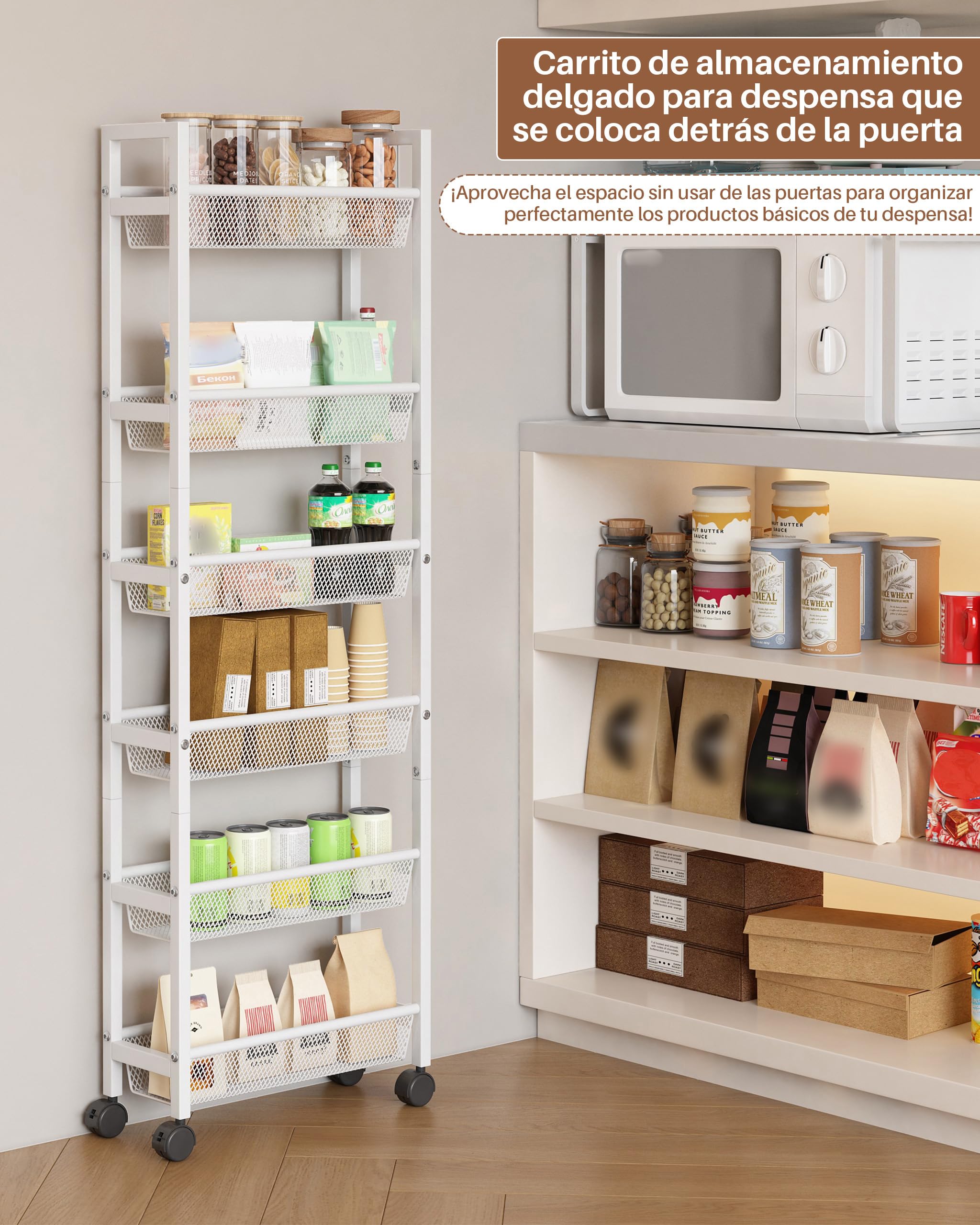 Ccarrito Cocina Estrecho con Ruedas,Carrito de Cocina 15 cm Ancho | 6 Niveles, Metálico, Ahorra Espacio, Blanco, Móviles Carro de Almacenamiento para Espacios Pequeños Baño Lavadero