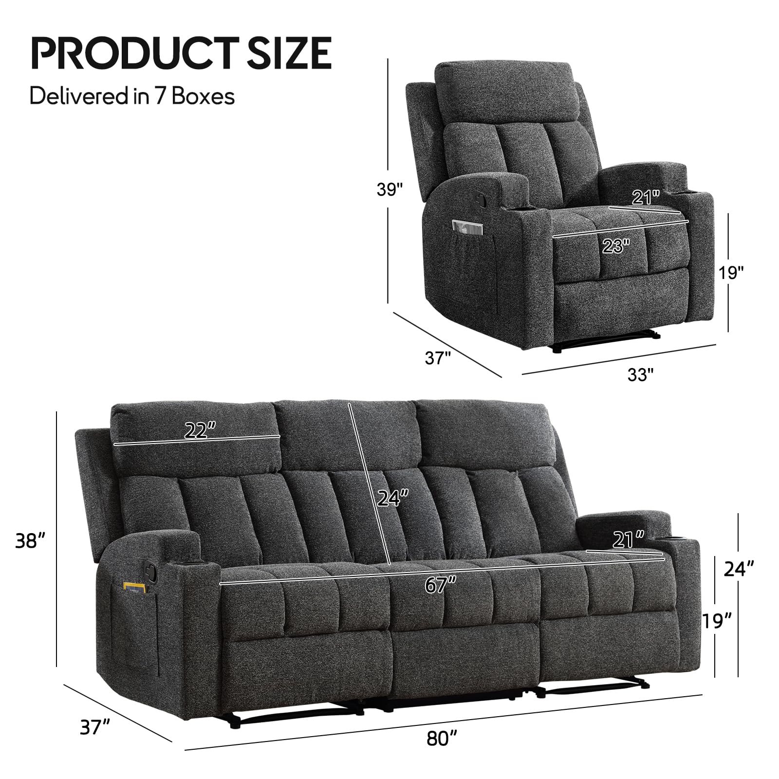 CANMOV Manual Reclining Sectional Sofa Set, Fabric L Shaped Reclining Sectional Corner Couch with Center Console, Living Room Furniture Sets with Cup Holder and Storage for Home Office, Dark Grey view 2