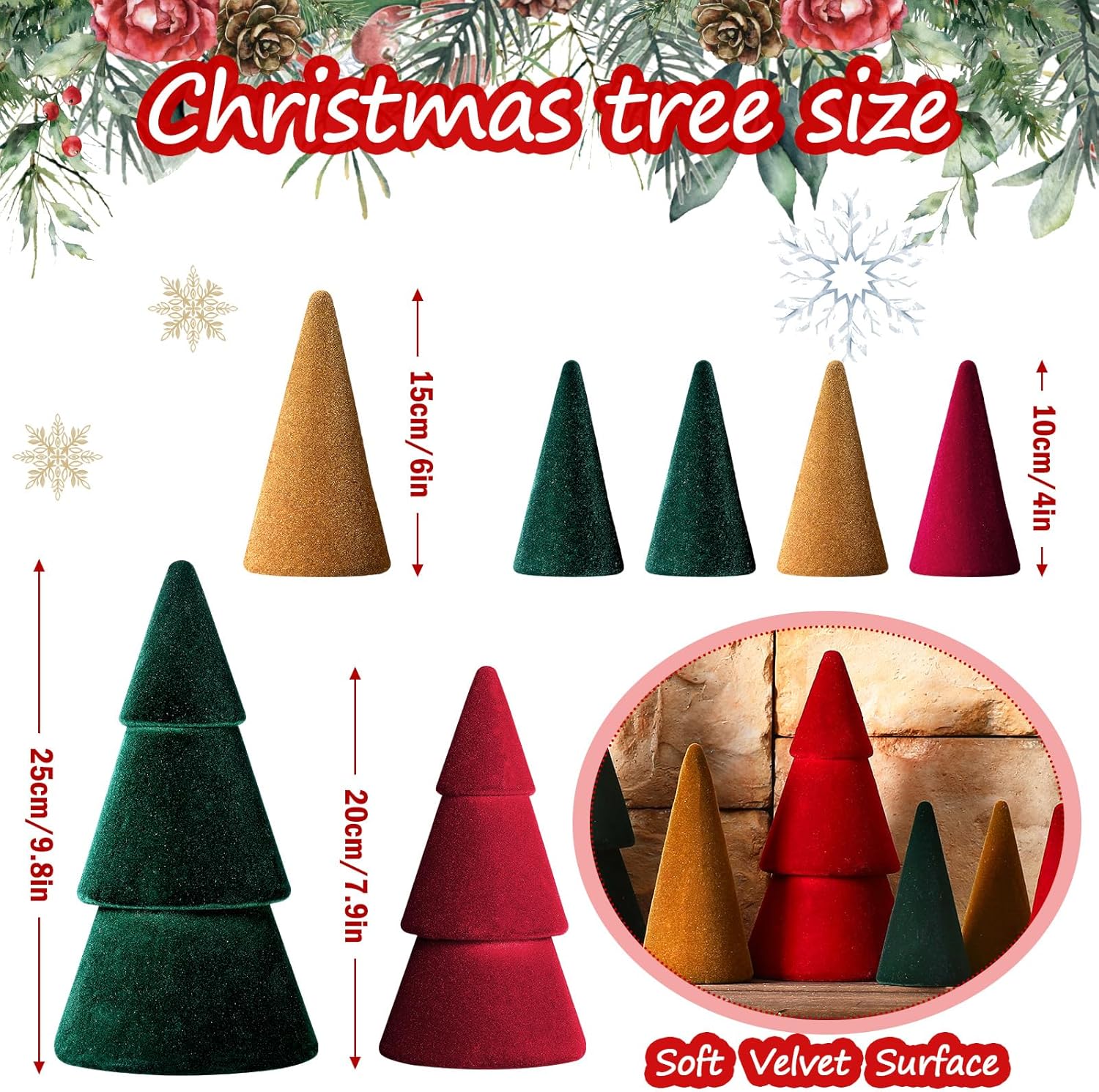 7 Pcs Christmas Velvet Trees Set Neutral Xmas Decoration Modern Christmas Cone Trees 4 Sizes Xmas Tabletop Centerpieces Flocked Farmhouse Decor for Kitchen Holiday Party Mantel Tiered Tray Gifts