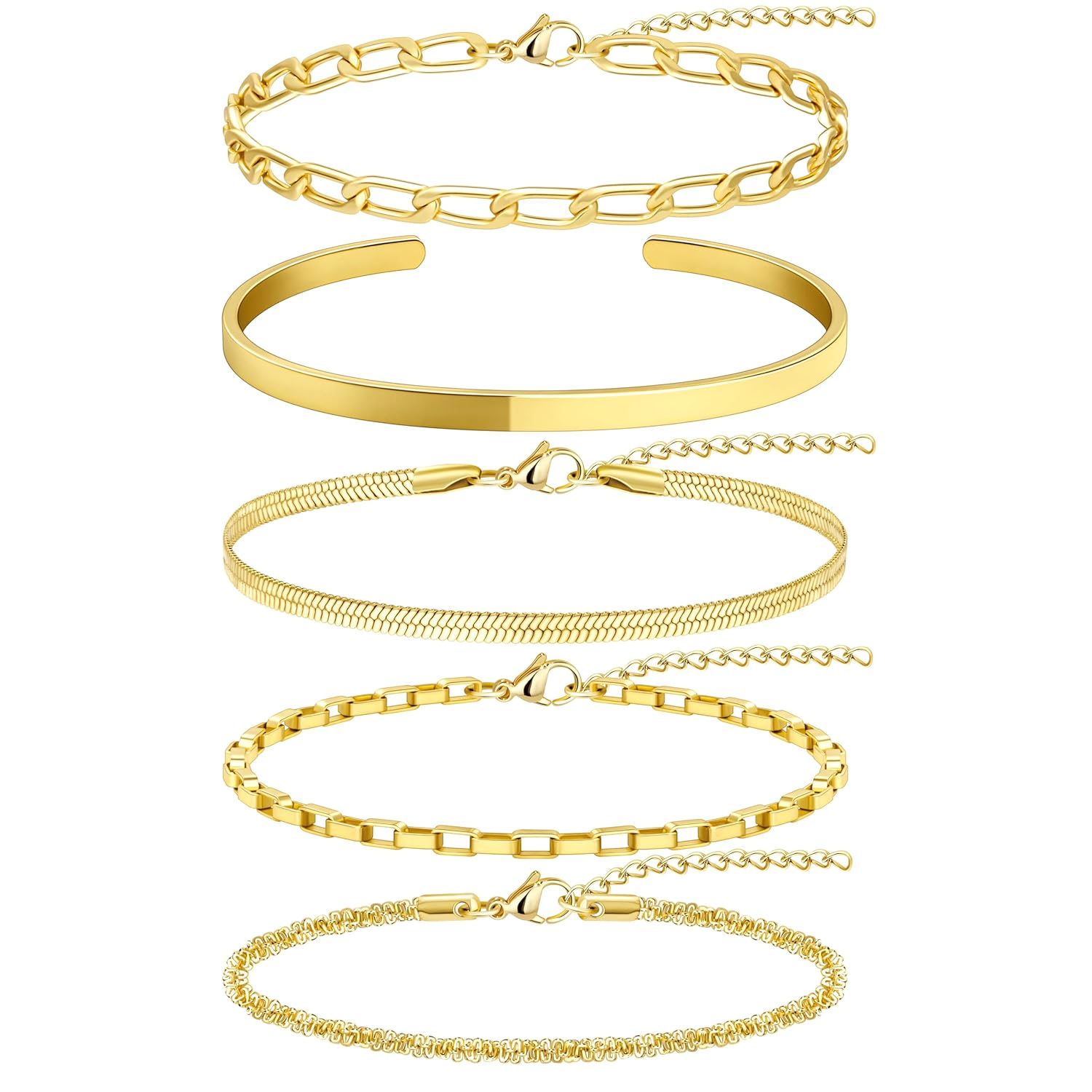 Thin Dainty Gold Bracelet for Women Stack 14K Gold Plated Bracelet Stackable Set with Bangle Cuff Box Herringbone