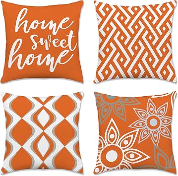 Hexagram Orange Geometric Pillow Covers 18x18 Set of 4, Decorative Outdoor Modern Boho Throw Pillow Covers, Home Sweet Home Farmhouse Cushion Case for Couch Sofa Indoor Bedroom DecorNo Insert