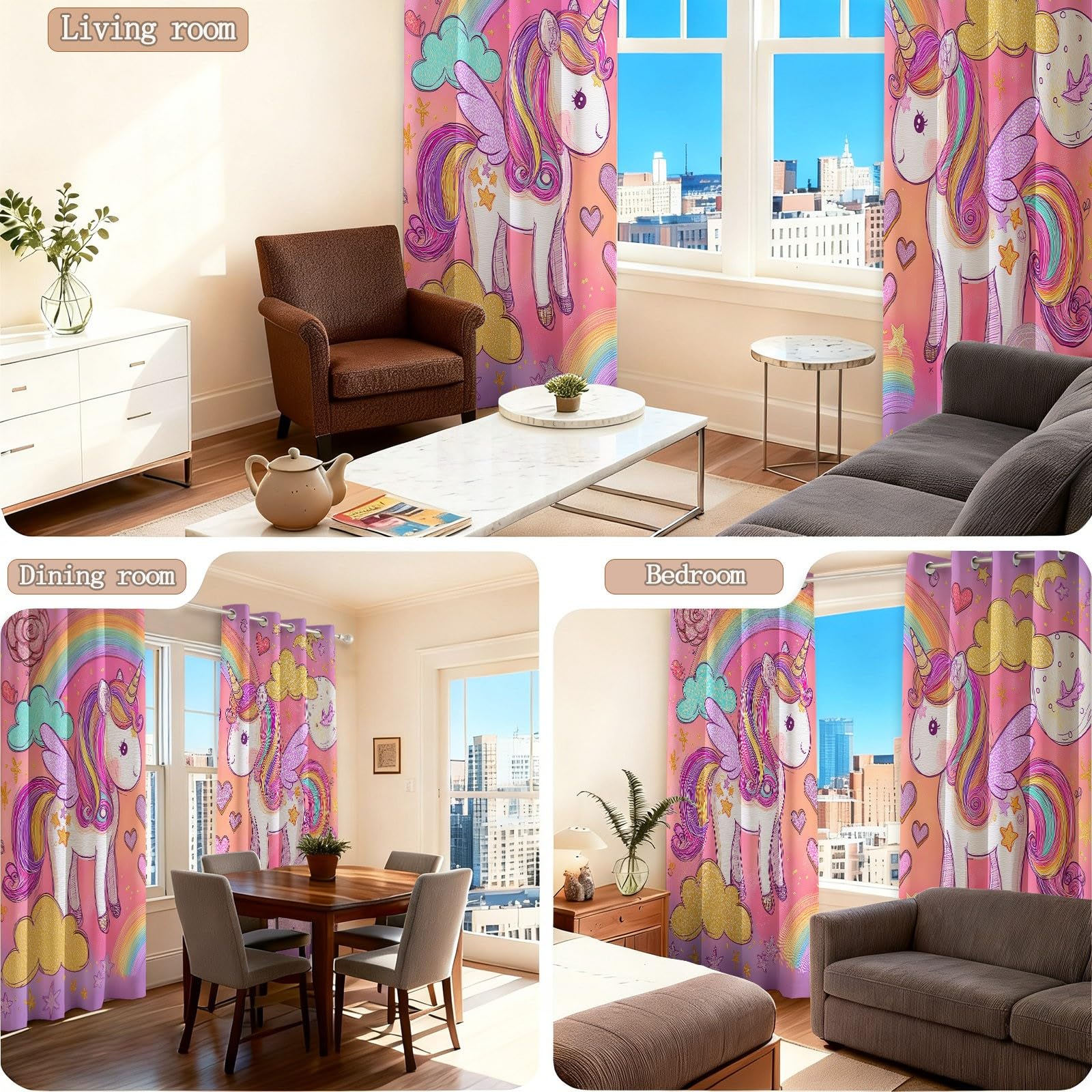 Rideaux Occultants avec Motifs Moderne Licorne Iridescent Cœur, Design Rose, Tenture Isolante Anti-Froid pour Chambre d'enfant et Salon, 110L X 215H cm (2 Panneaux)