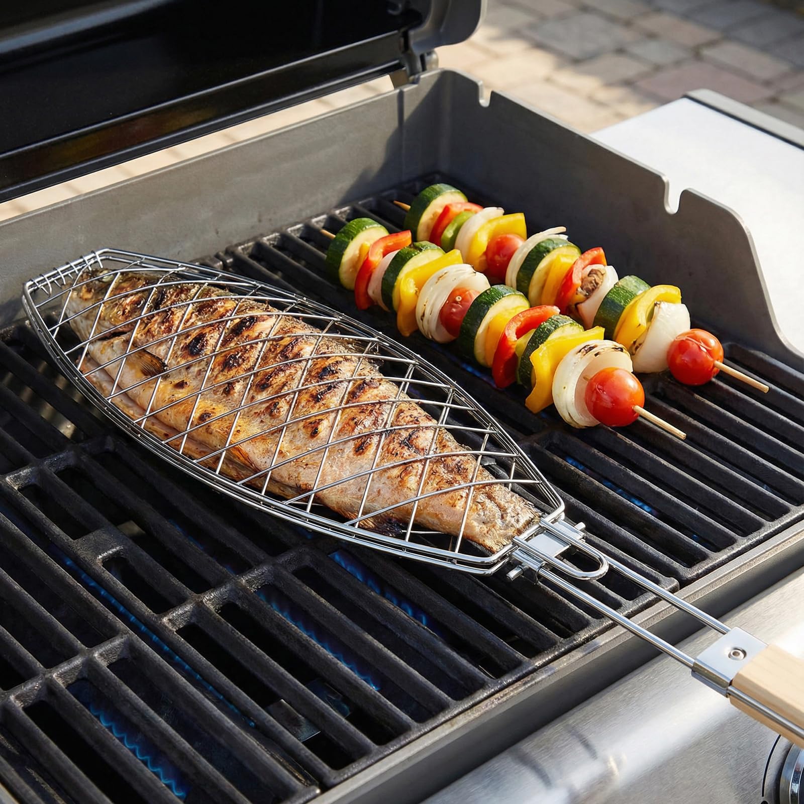 Griglia Barbecue, 35,5x12 cm, Cestello Pesce in Acciaio Inox con Pennello Olio e Spazzola Pulizia, Manico Rimovibile e Pieghevole, Rete Antiaderente, Graticola per Verdure Gamberetti Bistecche Feste