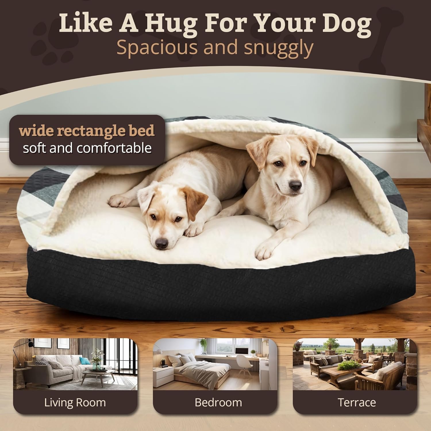 Snoozer Rectangle Cozy Cave Dog Bed - Indoor Dog Bed with Cover Cave, Covered Calming Burrow for Medium & Large Sized Pets with Blanket Attached, Enclosed, Washable Cover -Large, Barkley Black Diamond