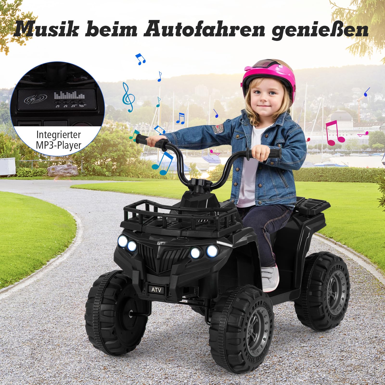 GOPLUS Quad elektryczny dla dzieci 6 V, dla dzieci Ride-On ATV z uruchamianiem jednym przyciskiem, odtwarzacz MP3, reflektory LED i kosz do przechowywania, samochód elektryczny dla chłopców i