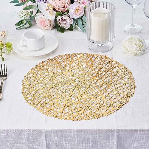 Miniatura 7 de Efavormart - Juego de 6 manteles individuales de vinilo tejido redondo dorado de 15 pulgadas, antideslizantes, para mesa de comedor, bodas, eventos,