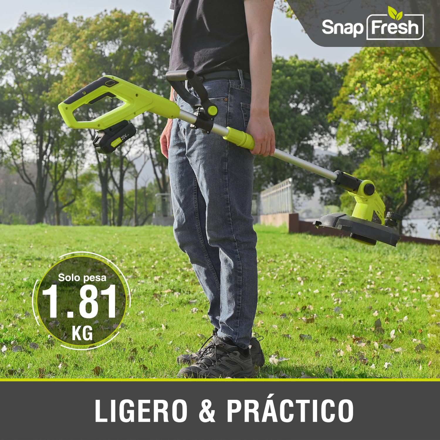 SnapFresh Cortacésped a batería 20V Desbrozadora (con batería y Cargador, Cambio rápido de Hilo, 30,5 cm de Ancho de Corte, Mango telescópico Ajustable, Protector de Flores)