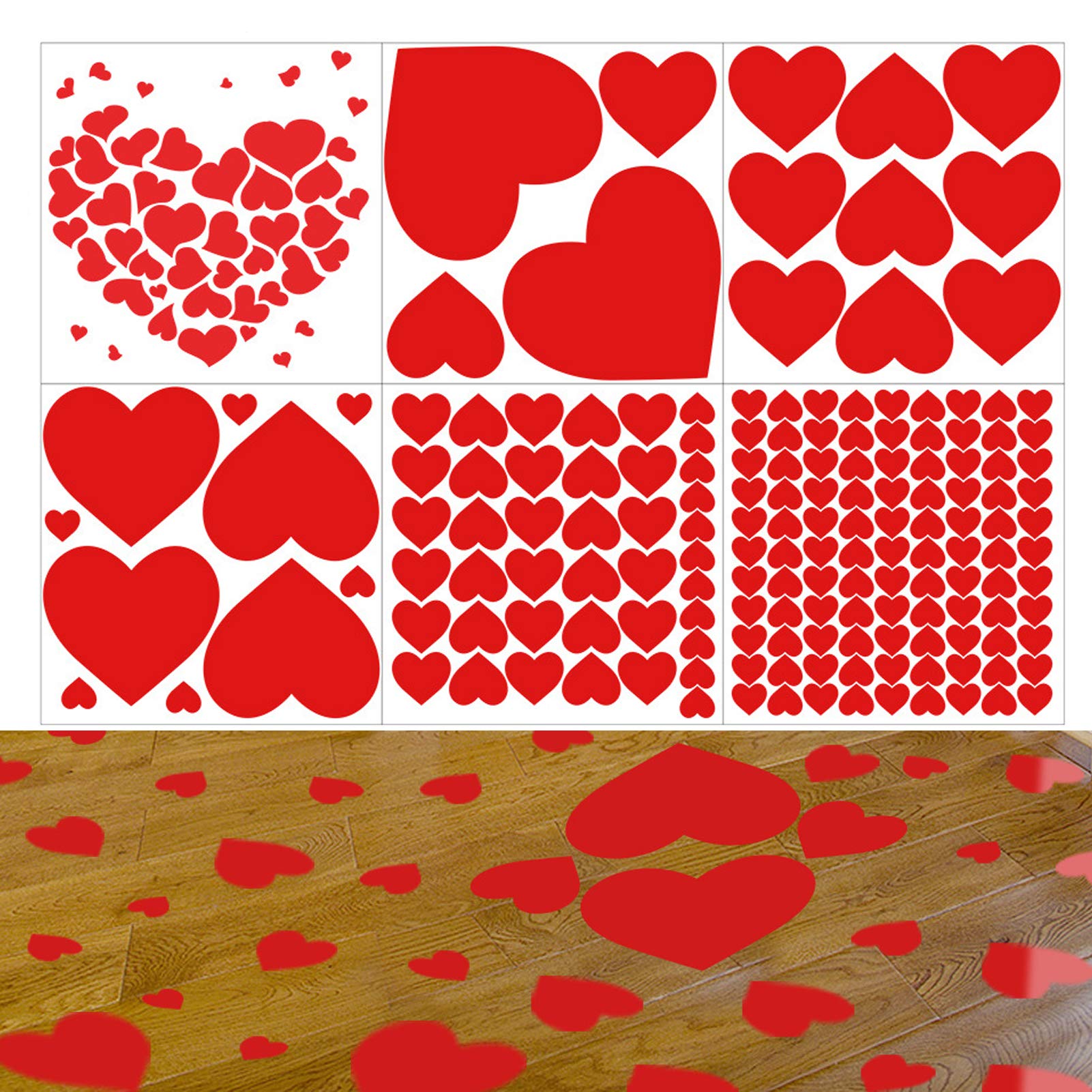 Red Heart Wall Decal Valentines Day Heart Floor Decals Stickers for Valentine's Day, Wedding, Anniversary Party Decorations Supplies, 210 Piece Set