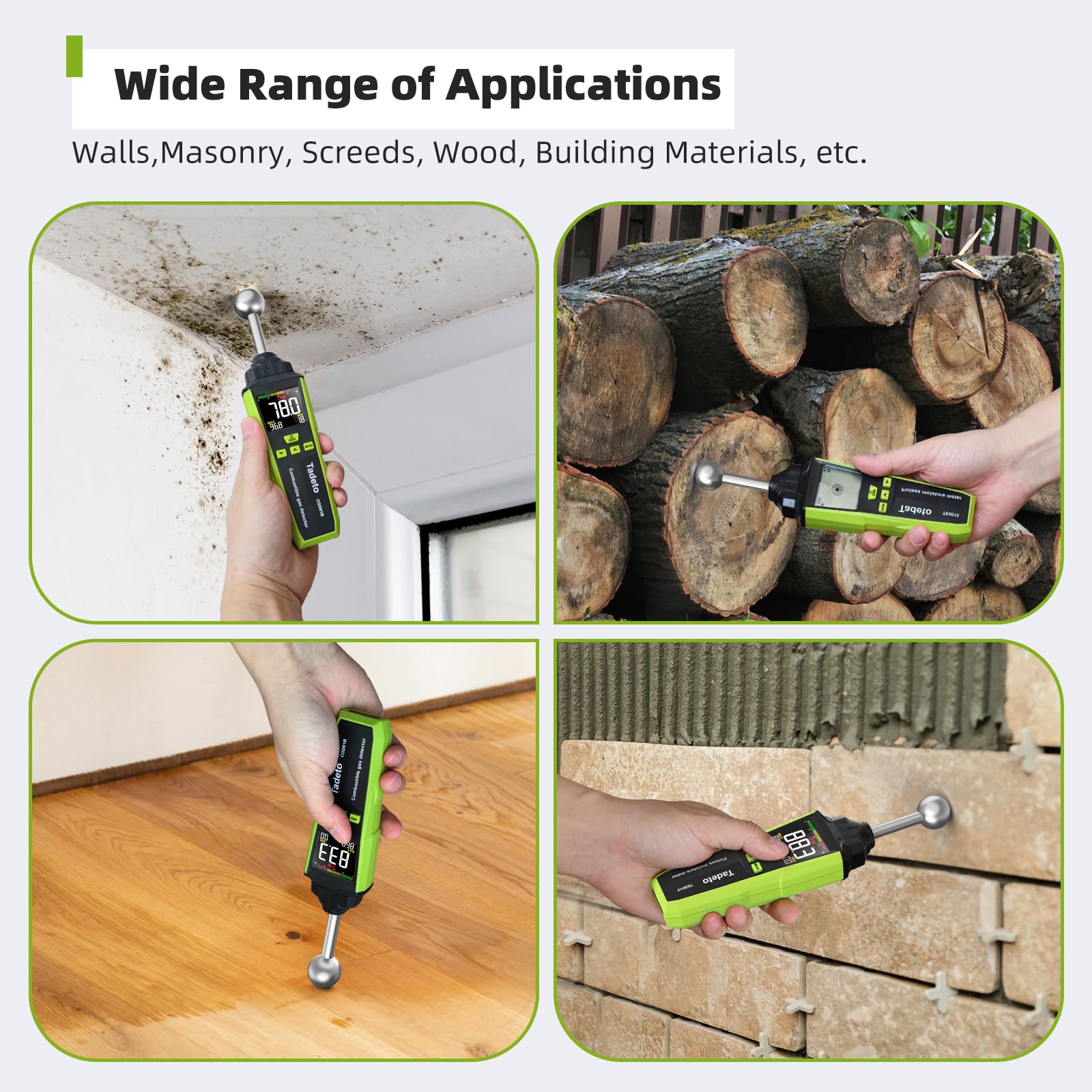 Misuratore di Umidità, Misuratore Umidità Muri con LCD a Colori E allarme Acustico, Per Tutti i Materiali da Costruzione, Pareti, Legno, Intonaco, Muratura, Profondità di Analisi 20-40 mm