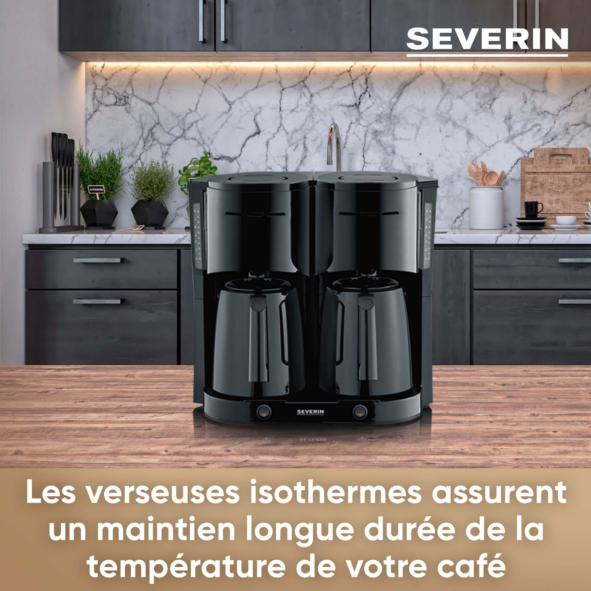 SEVERIN Cafetière Filtre Isotherme Duo, 2 X 1000 W, Jusqu'à 2L soit 16 tasses, 2 verseuses isothermes, 2 filtres pivotants, Noir, KA 9315