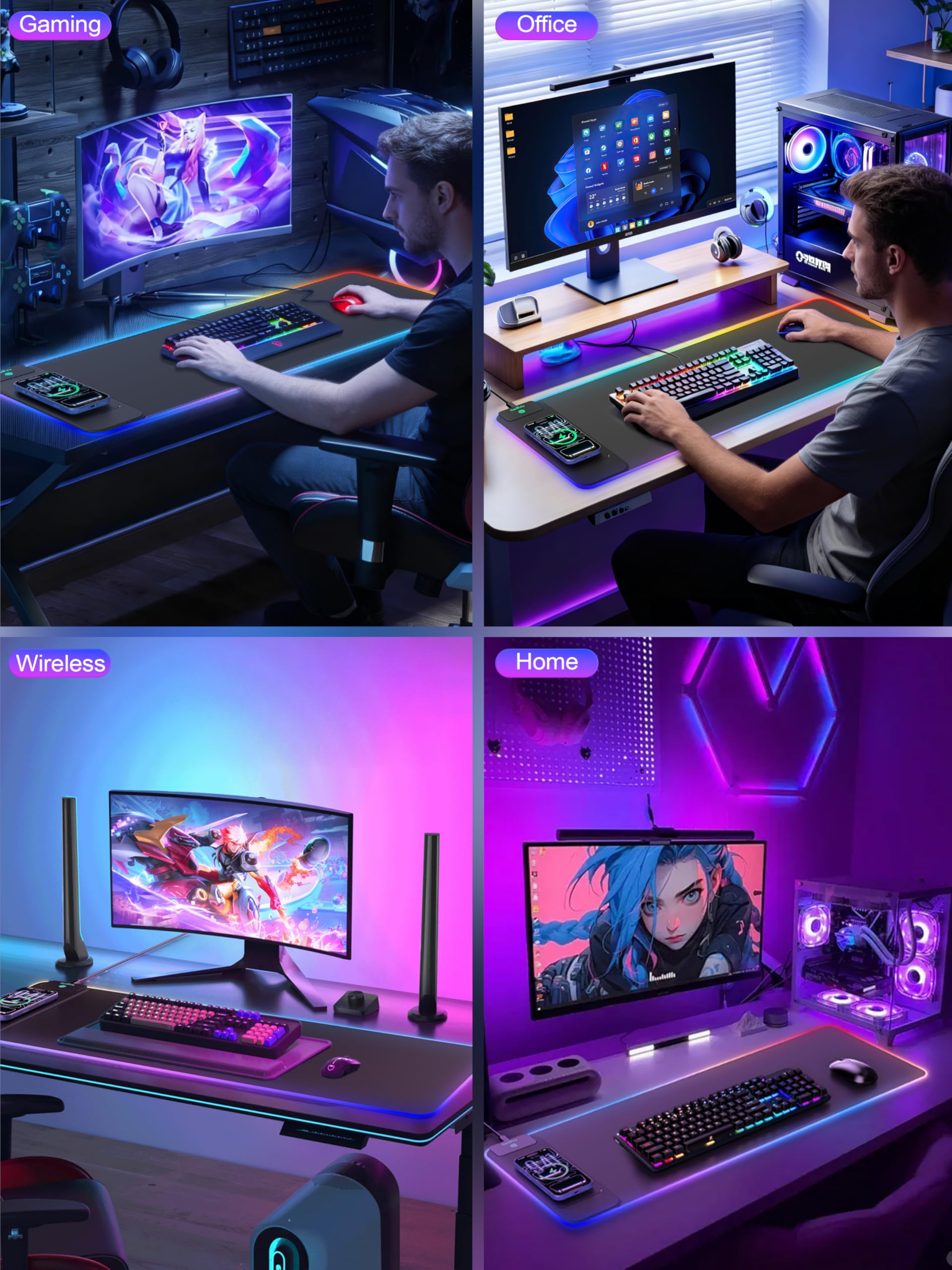Tappetino per mouse con ricarica wireless da 15 W, tappetino per mouse da gioco RGB, tappetino da scrivania XXL da 80 x 30 cm, 16 modalità di illuminazione, tappetino per tastiera con base in gomma