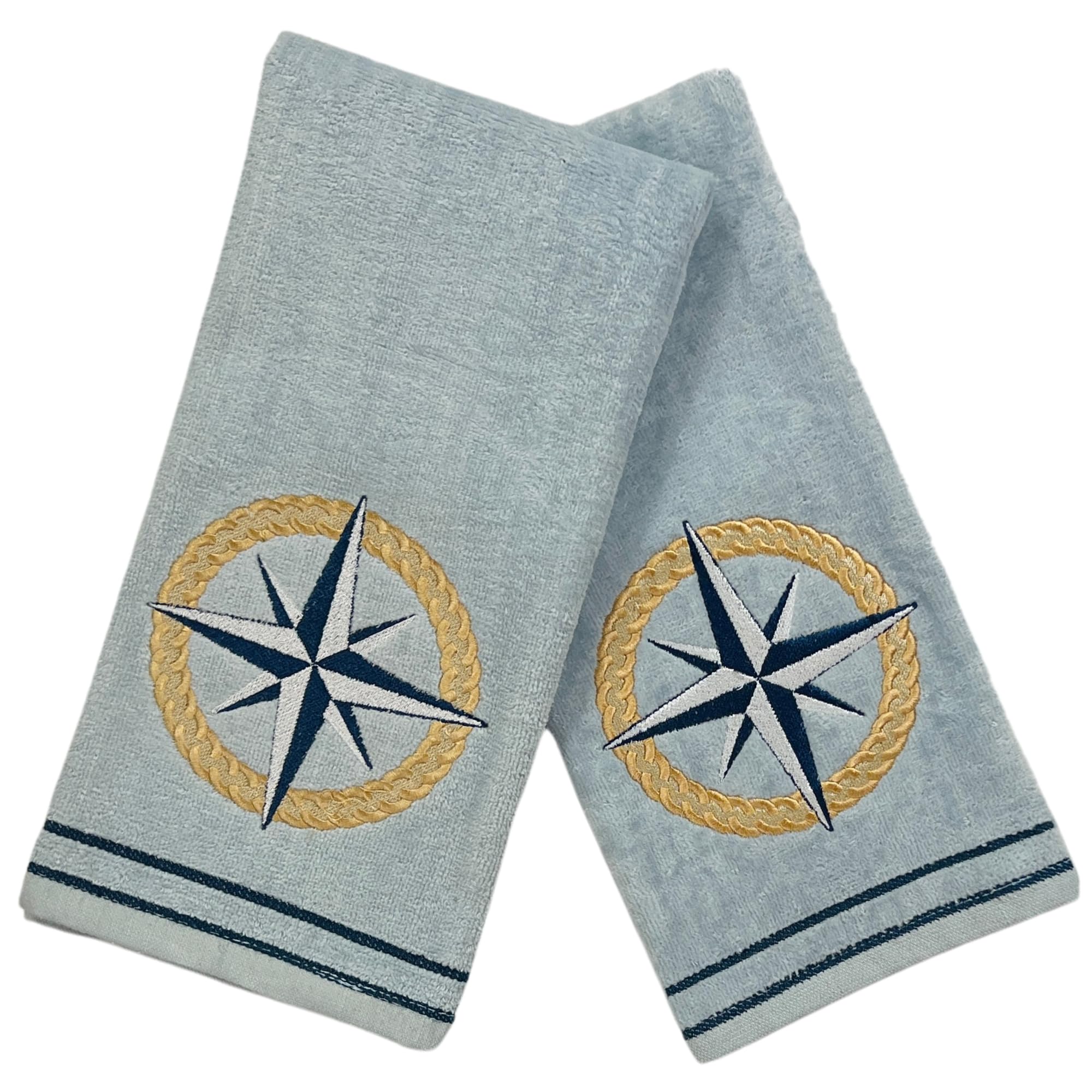 Serafina Home Nautical Compass Embroidered Bath Hand Towel Set, 16 x 25 inches, 2 Piece, 100% Soft Cotton