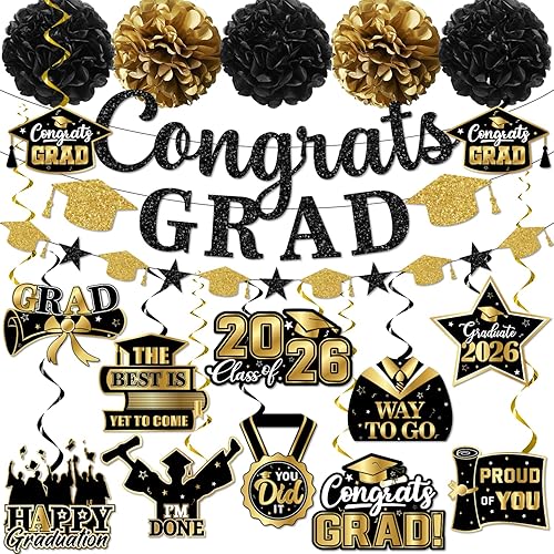 Decoraciones de graduación 2026, pancarta de felicitaciones con purpurina, espirales colgantes y pompones de tela, decoraciones de graduación negras