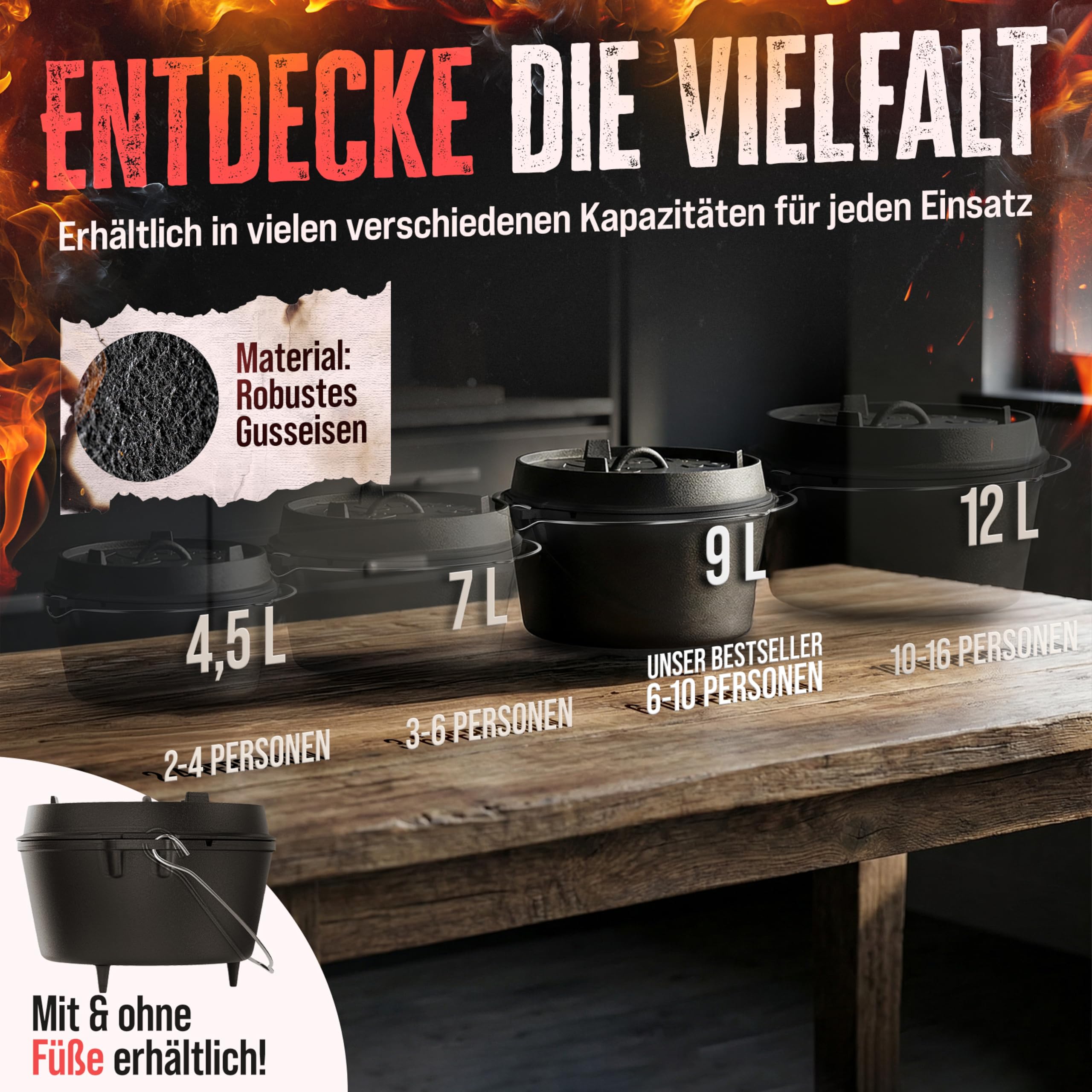 AMZBBQ Premium Dutch Oven (pentola senza piedi, 9 litri)