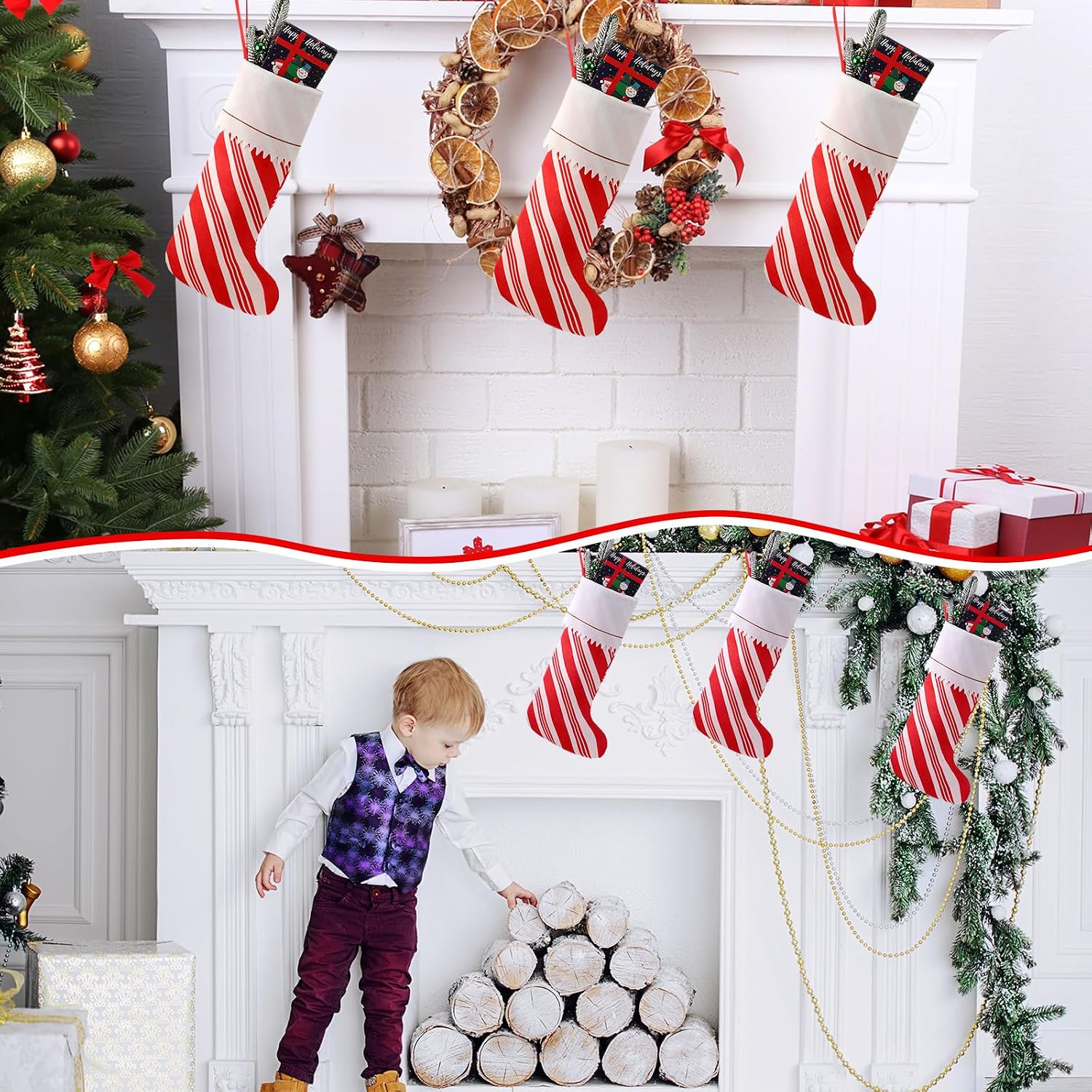 Syhood 6 Pcs 18 Inch Candy Cane Christmas Santa Felt Stocking Large Felt Peppermint Candies Christmas Stockings Bags Xmas Fireplace Hanging Stockings Christmas Tree Hanging Ornaments for Xmas Party
