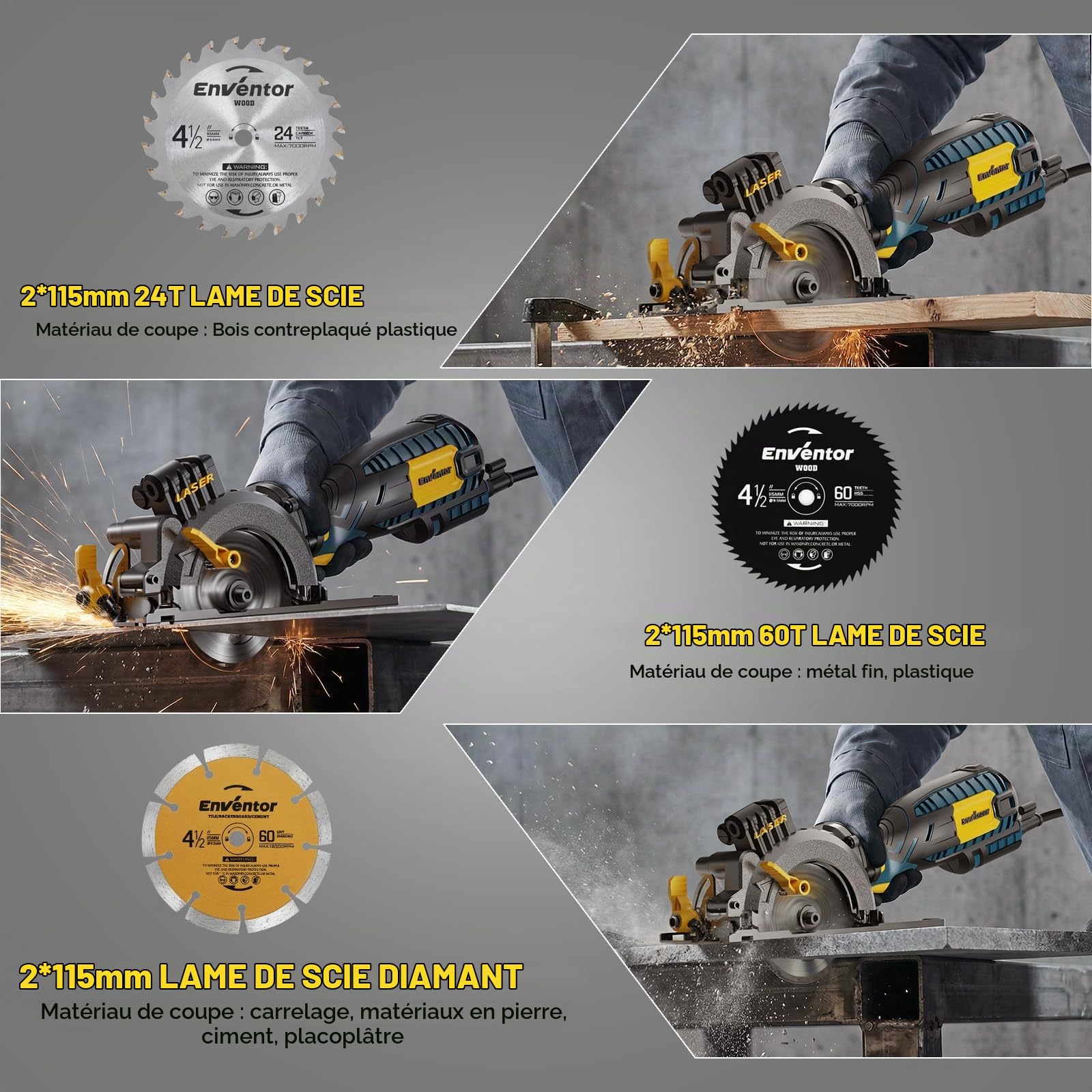 Enventor Mini scie circulaire avec guidage laser, 705W, 6 Lames(115mm)