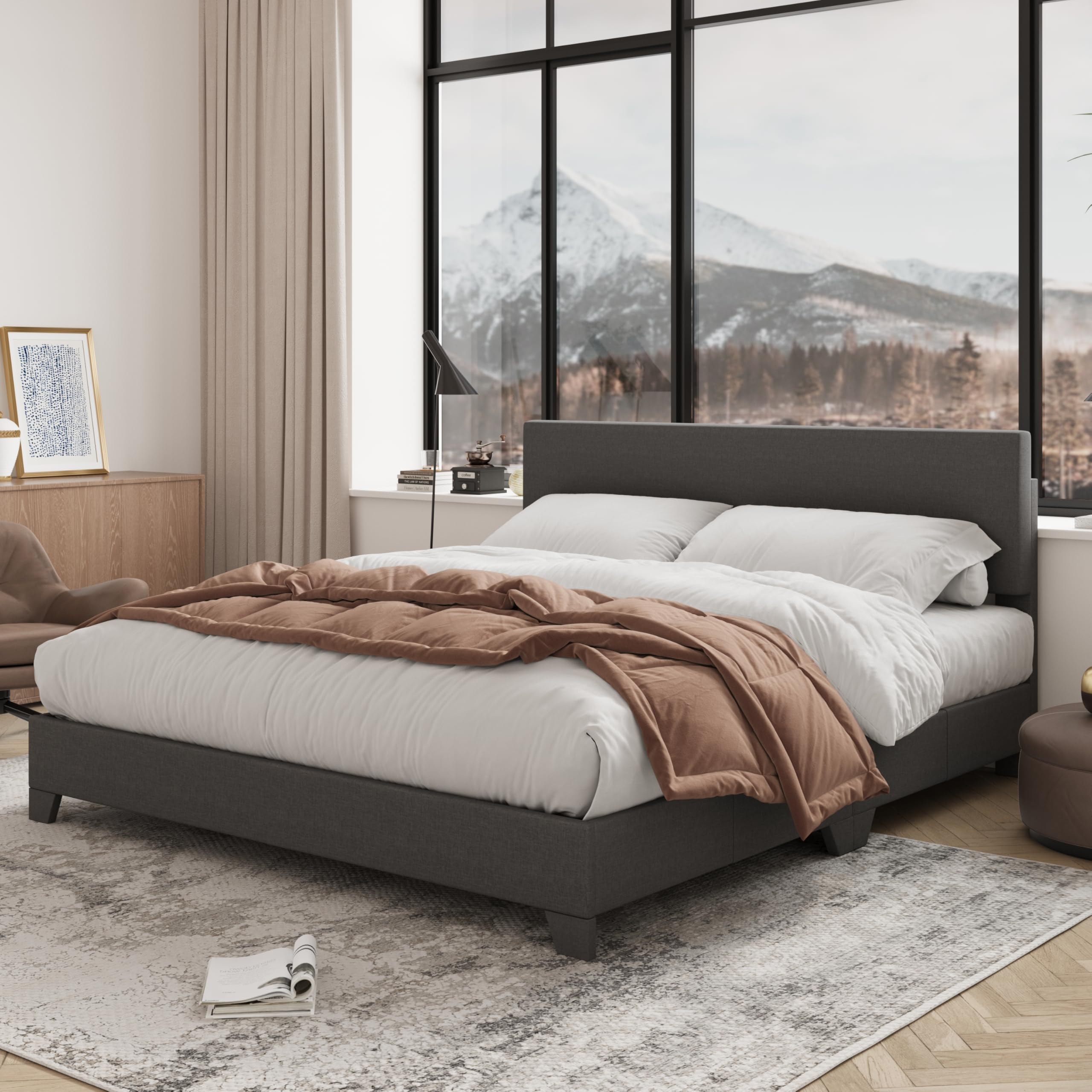 Allewie Queen Size Upholstered Bed Frame in Dark Grey