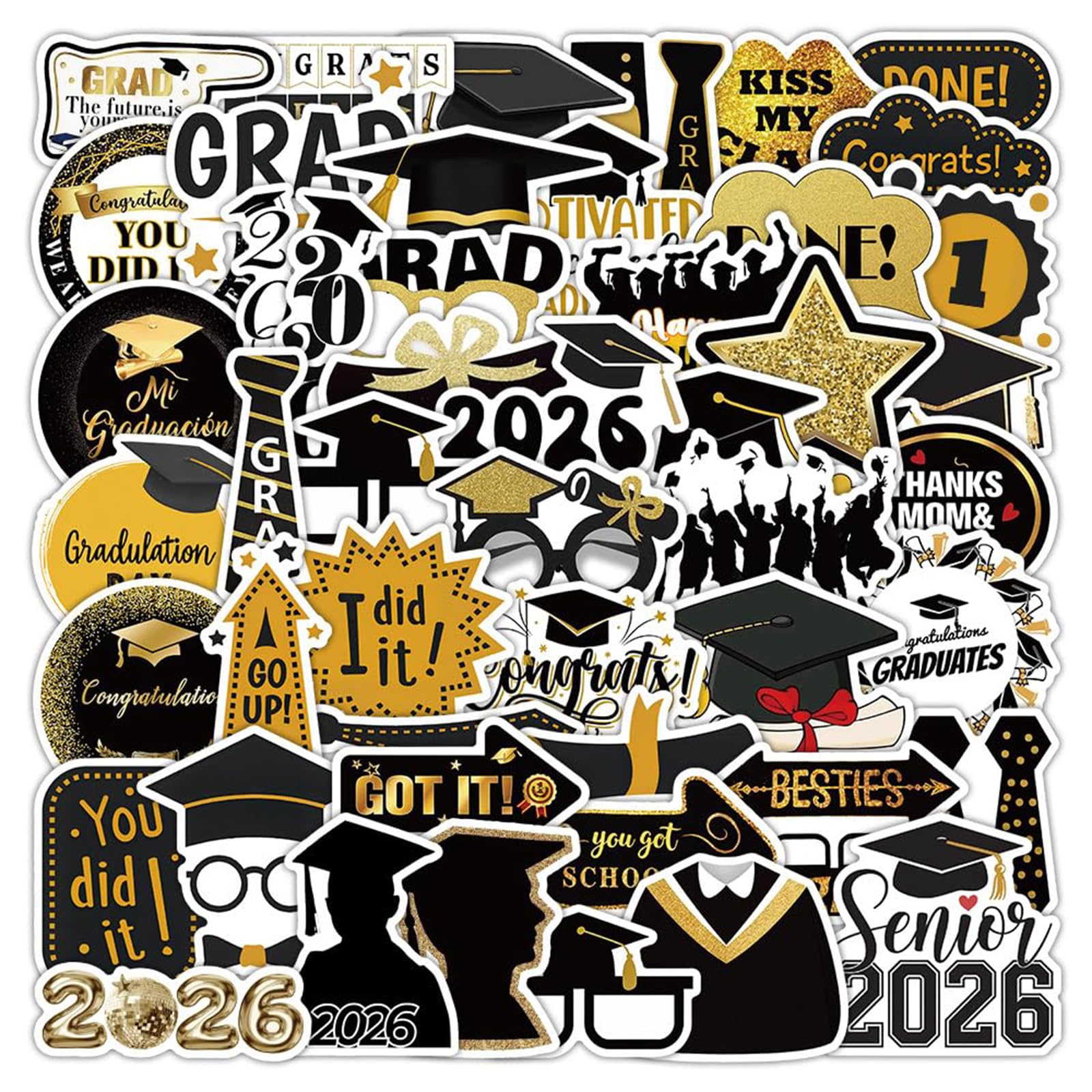 Yunvisty Gold Color 50Pcs Graduation Decorations Stickers, Class Of 2026 Personalised Graduation Stickers Easy To Peel And Stick On Photo Frames, Signs, Gift Bags, Diary For Grad Anniversary 2026 Celebrations