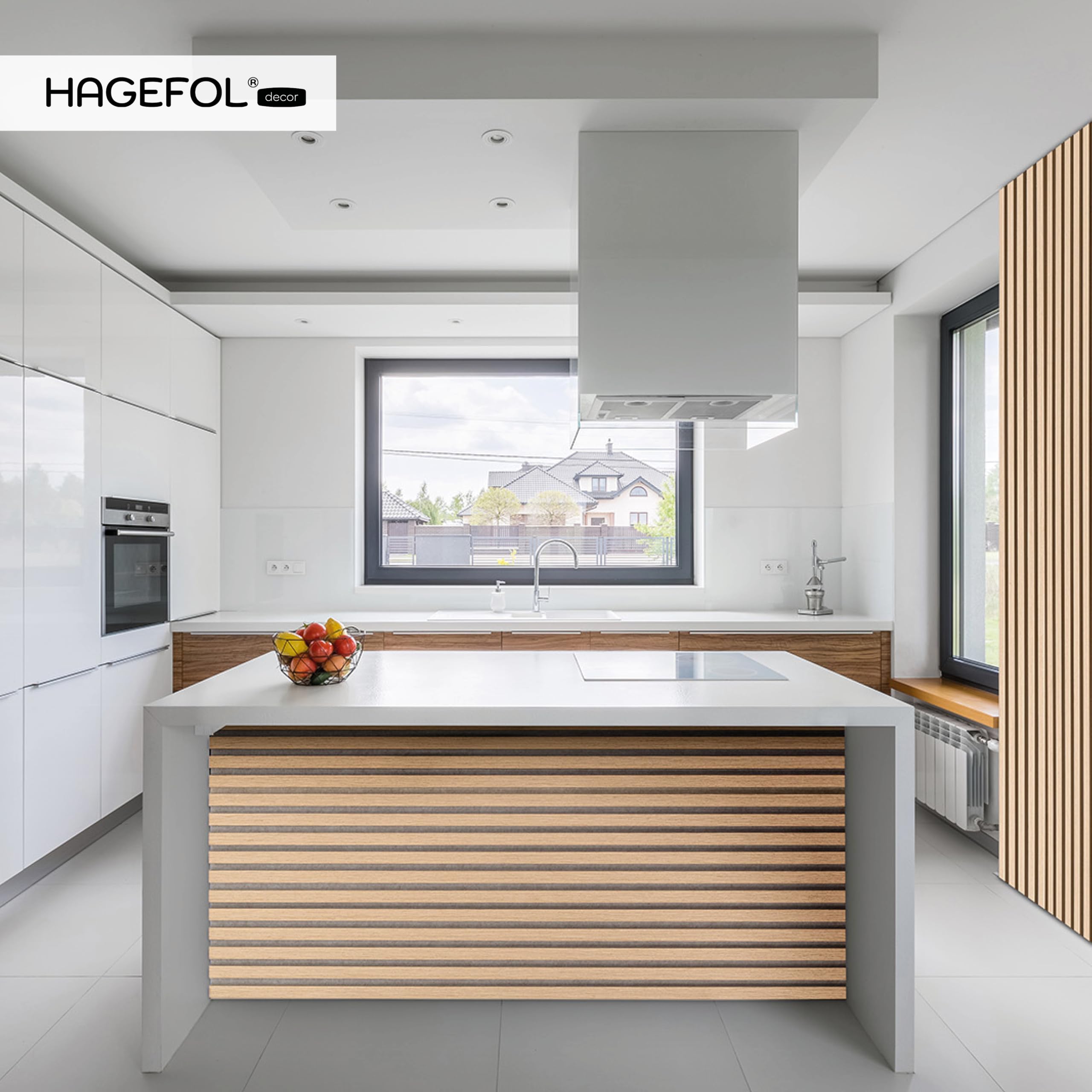 HAGEFOL Panneaux acoustiques en bois - 240 x 60 cm - Couleur : chêne, feutre : beige - Panneaux muraux en bois - Paroi à lamelles 3D en placage de bois sur feutre acoustique - 2400 x 600 mm
