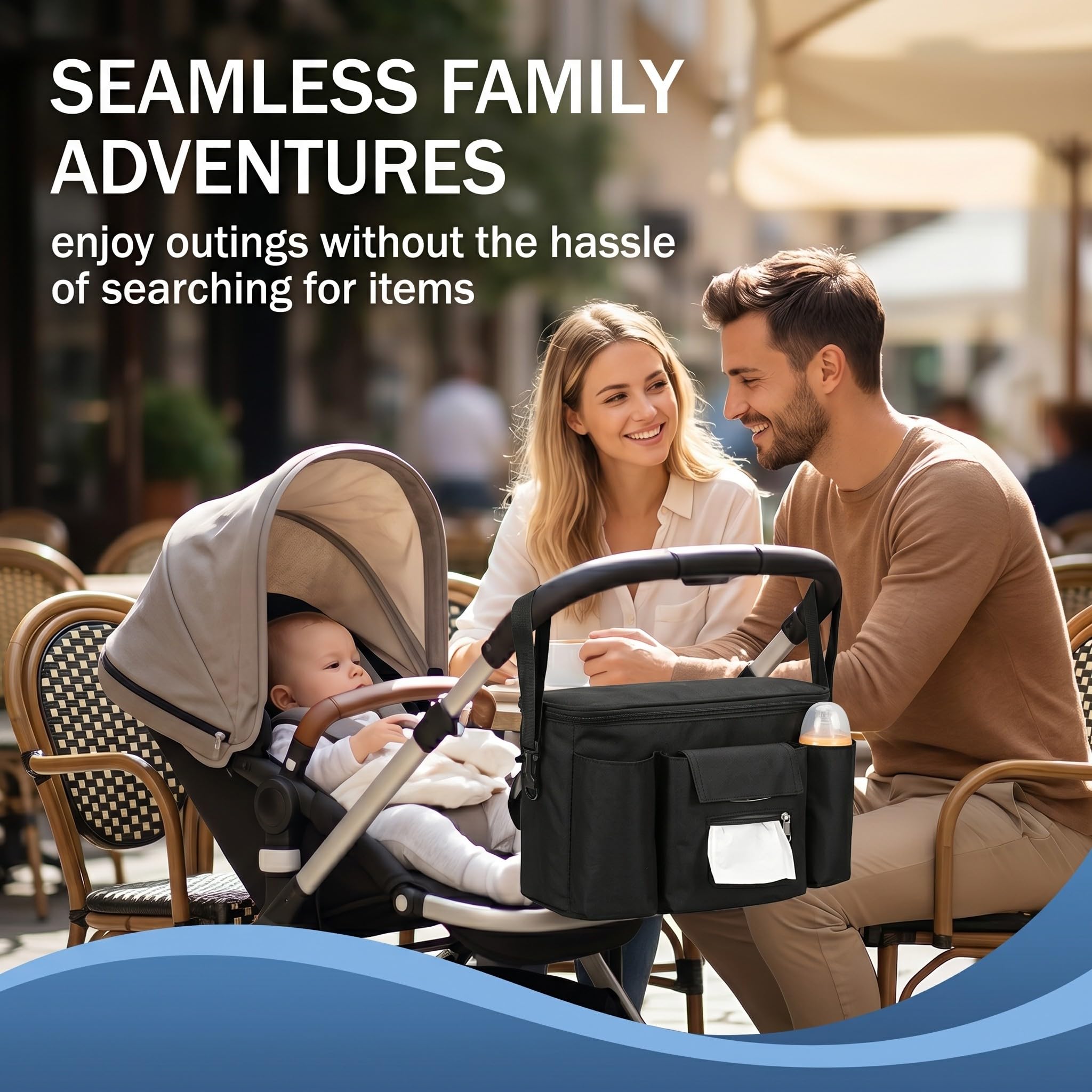 Bolsa carro bebe, bolsa universal para cochecito con compartimento con cremallera y correa ajustable para el hombro, práctica bolsa para guardar pañales, biberones y teléfonos inteligentes.