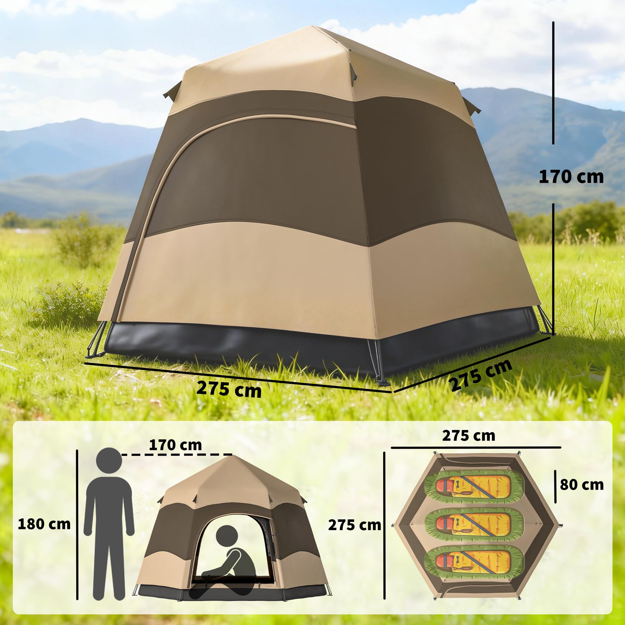 Tienda de campaña instantánea de Doble Capa Outsunny con toldo Impermeable, Tienda Domo Hexagonal para 4 Personas, Refugio de Camping portátil con Suelo Cosido y Bolsa de Transporte, Ideal para